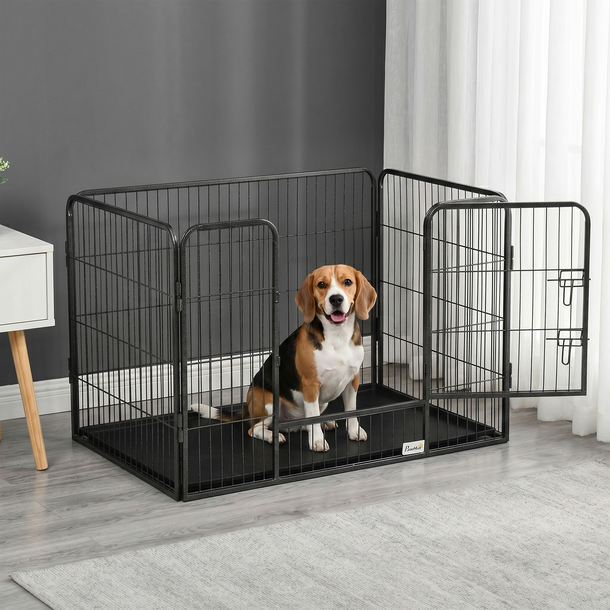 PawHut 4 Panels Dog Playpen, Heavy Duty Dog Fence, 28" H Portable Pet Playpen with Door Double Locking Latches, Tray, Grey Aosom Canada
