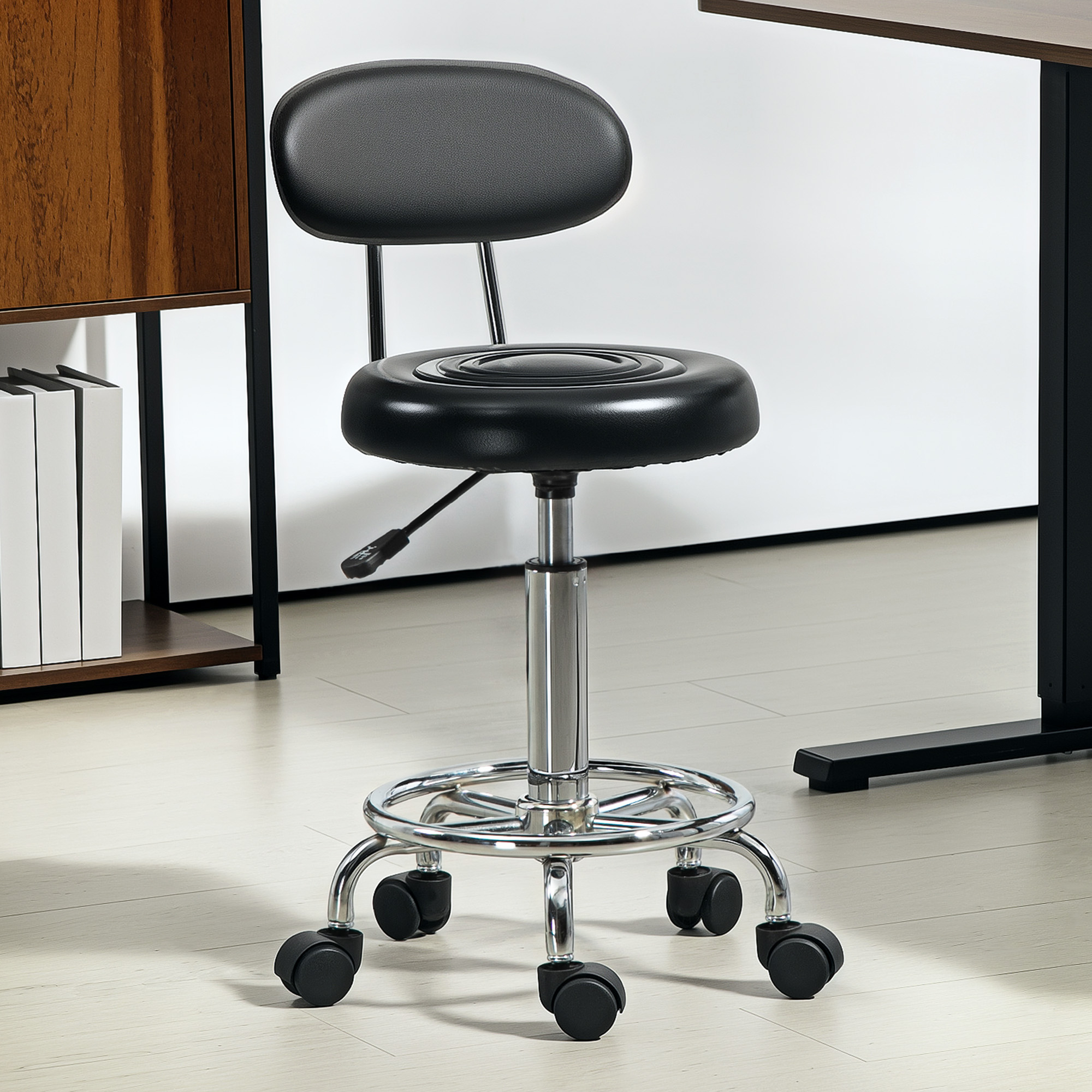 HOMCOM Adjustable Stool, Rolling Stool, 360° Rotate, with Backrest and Wheels, Black Aosom Canada