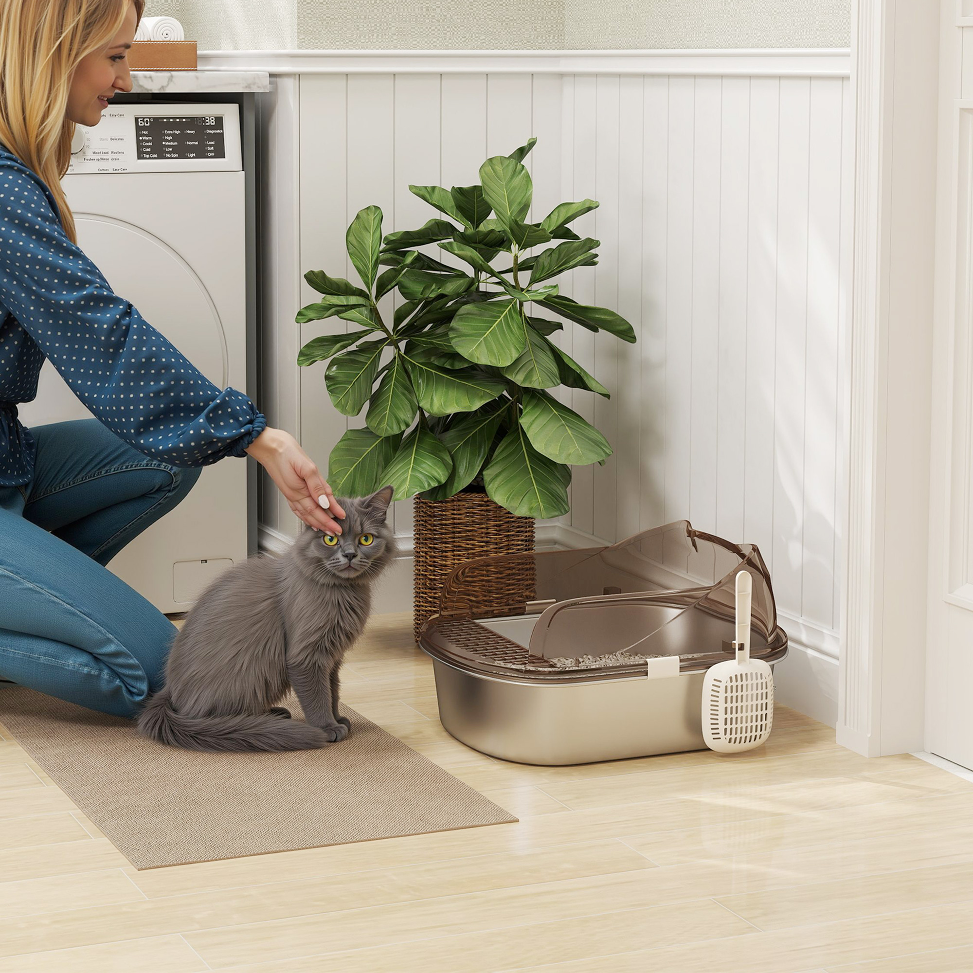 PawHut Stainless Steel Cat Litter Box with High Sided Enclosure, Steps & Scoop, Non-Sticky & Anti-Urine Leakage, Easy Cleaning Aosom Canada