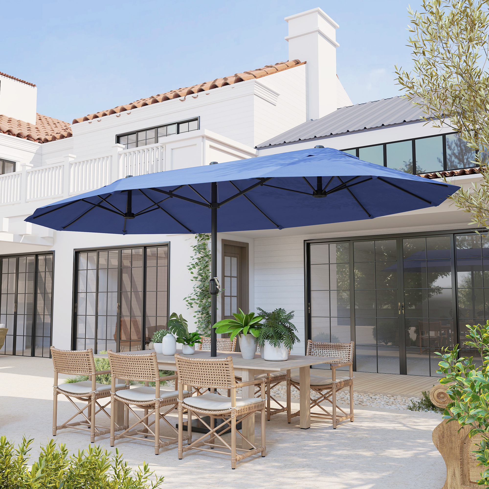 Outsunny 15ft Patio Sun Umbrella with Twin Canopy, Extra Large Outdoor Parasol with Crank for Pool, Deck, Market, Blue Aosom Canada