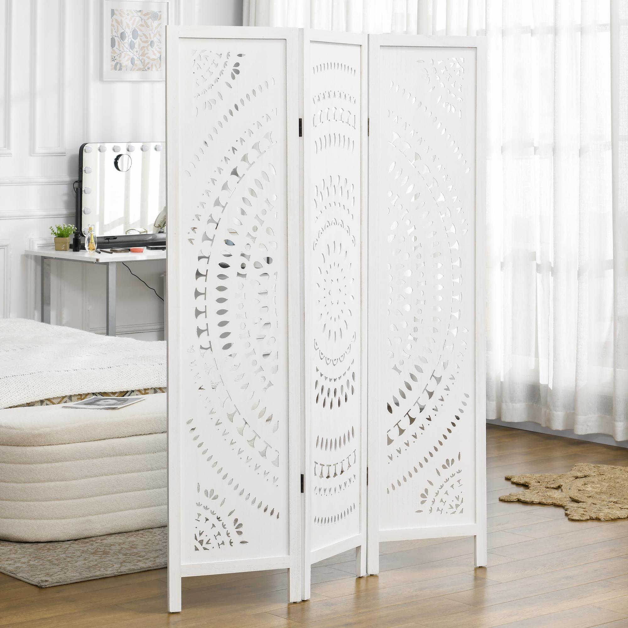 HOMCOM 3 Panel Room Divider, 5.6 Ft Tall Portable Folding Privacy Screen, Wood Partition Wall Divider for Home Office, White Aosom Canada
