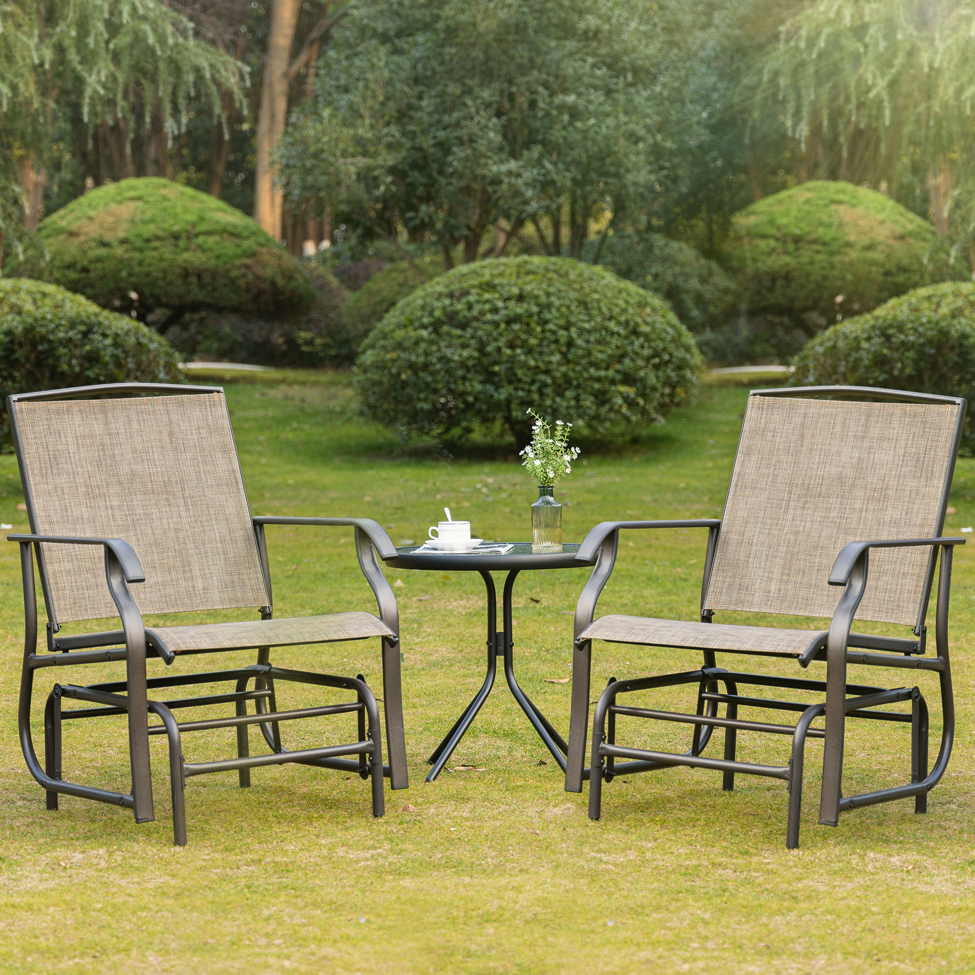 Outsunny 2 Pieces Outdoor Glider Chairs, 2 Person Glider Rocking Chair Set with Breathable Mesh Fabric, Steel Frame, Dark Brown Aosom Canada