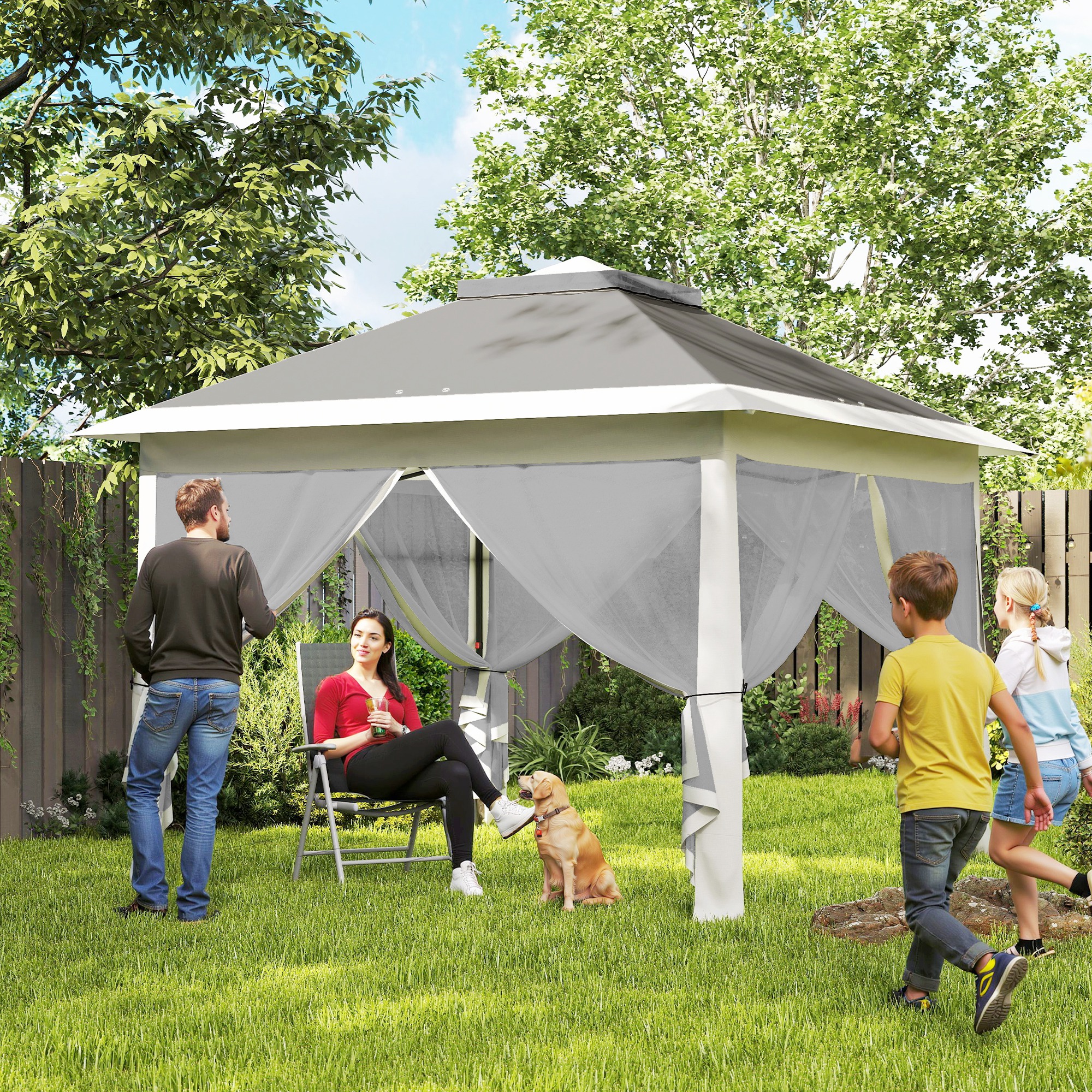 Outsunny 11' x 11' Pop Up Gazebo, Double Roof Foldable Height Adjustable Canopy Tent with Mesh Sidewalls, Carrying Bag, Dark Grey Aosom Canada
