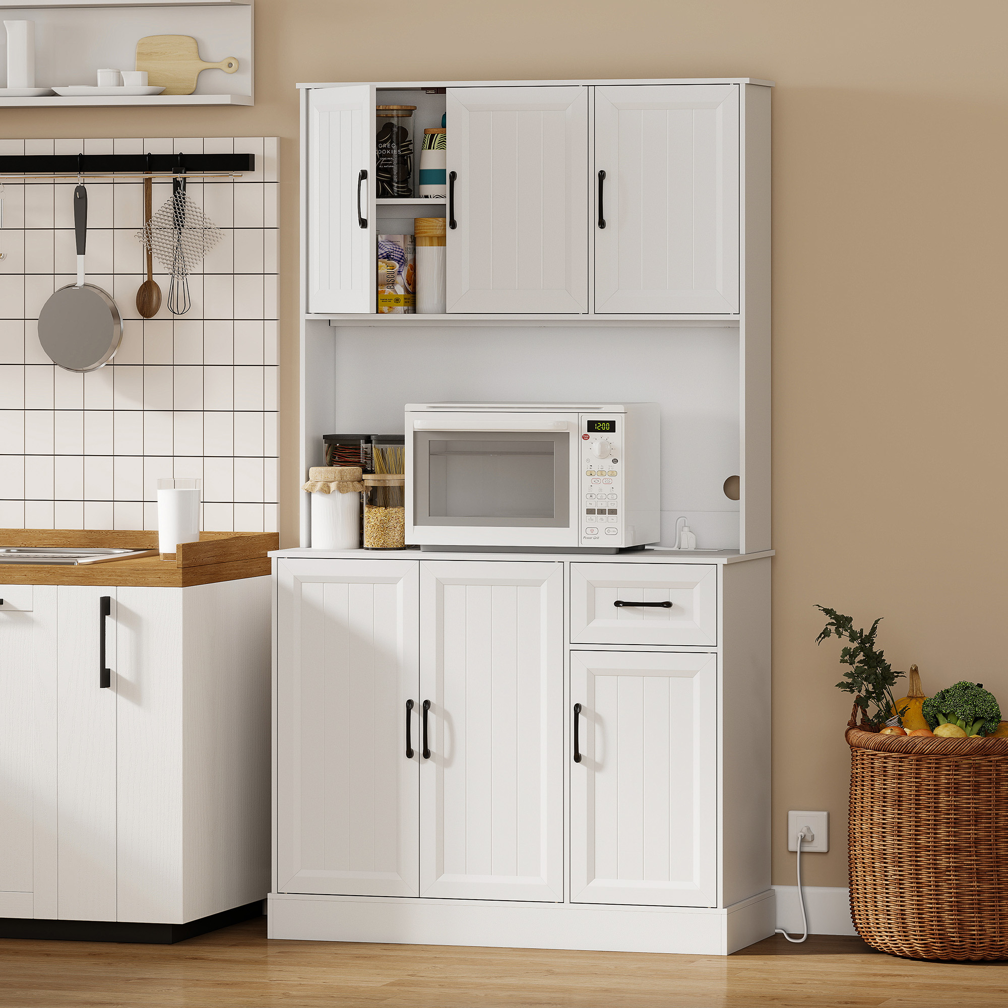 HOMCOM 71" Kitchen Pantry Cabinet, Kitchen Storage Cabinet with Charging Station, Microwave Stand, Adjustable Shelves, White Aosom Canada