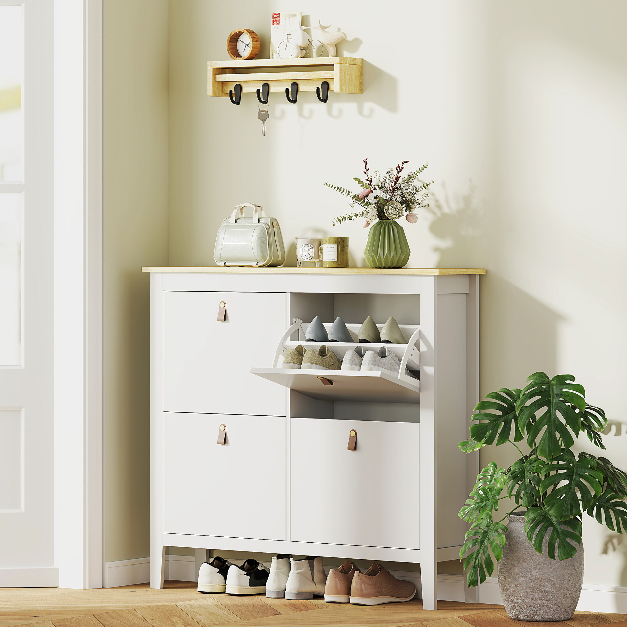 HOMCOM Narrow Shoe Cabinet with 4 Flip Drawers, Adjustable Shelves for Entryway, Holds 12-20 Pairs, White Aosom Canada