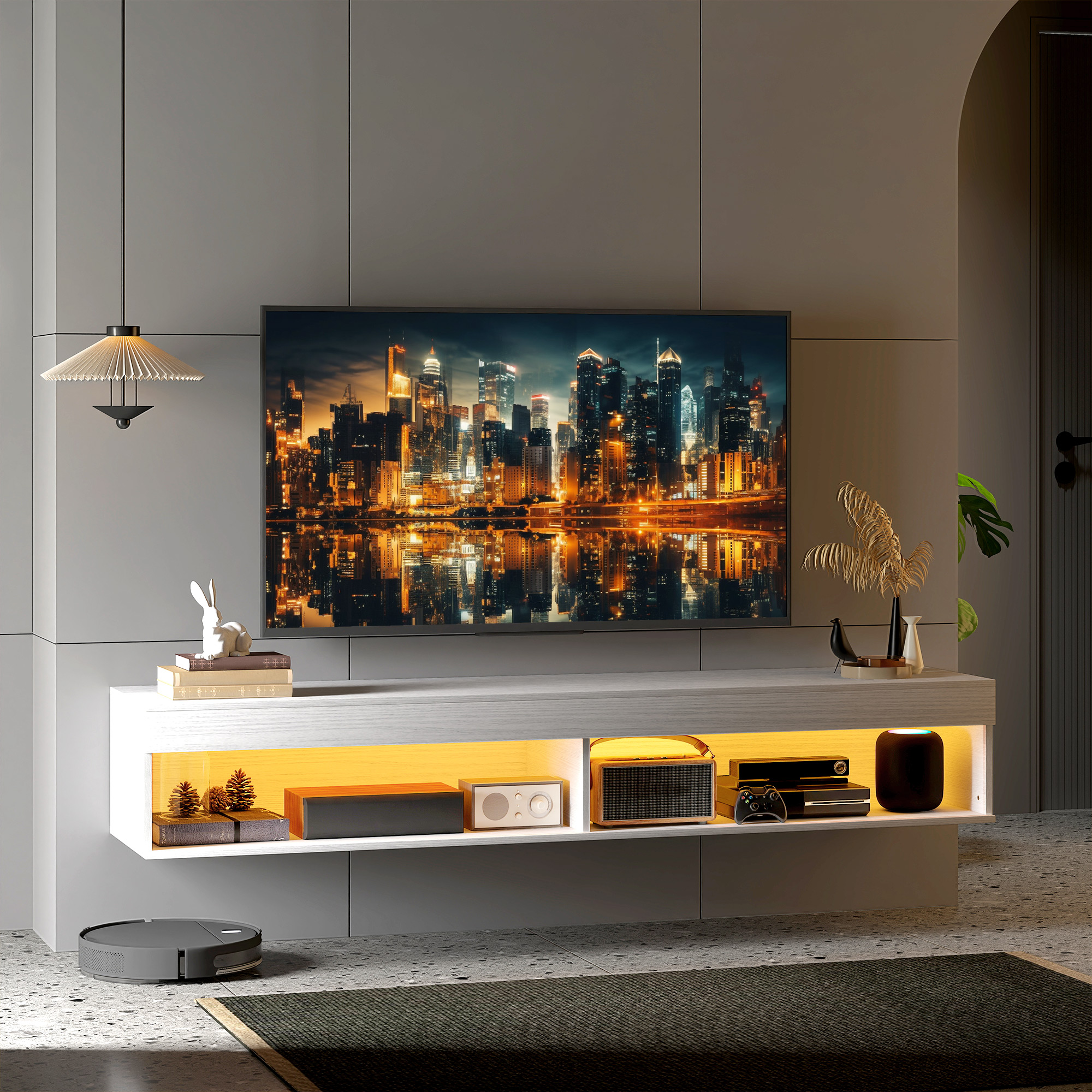 HOMCOM Modern Wall Mounted TV Stand with Storage and LED Lights for TVs up to 75", Floating TV Shelf for Living Room, White Aosom Canada