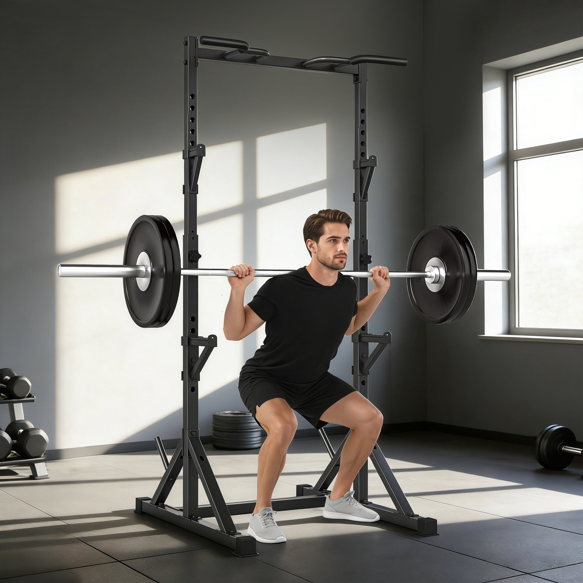 Soozier Adjustable Squat Rack, Multi-Function Bench Press Rack with Weight Plate Holders and Pull up Bar, Black | Aosom Canada