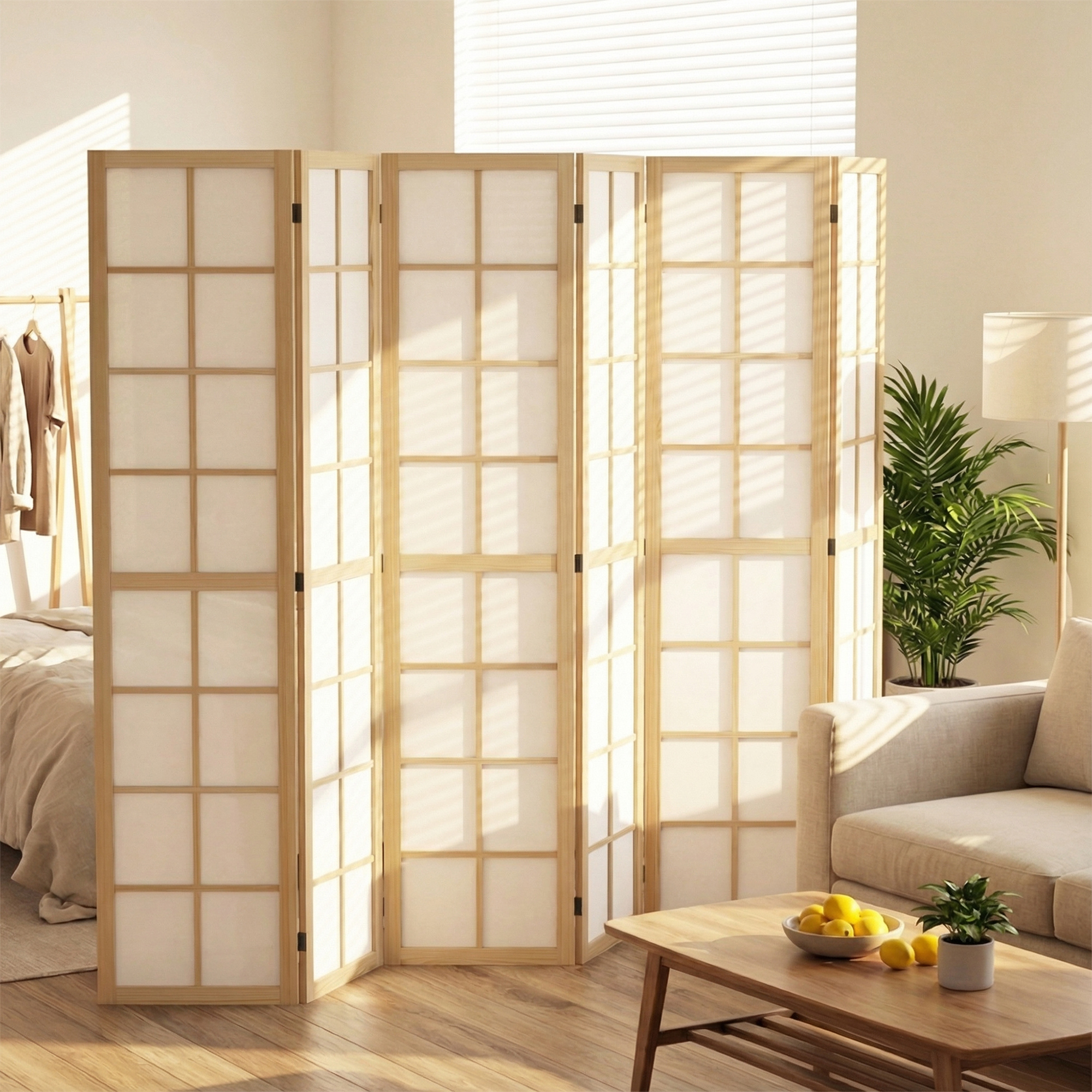 HOMCOM 6 Panel Room Divider, 5.6 ft Folding Wall Divider Room Partition for Home Office, Bedroom, Living Room, Natural Wood Aosom Canada