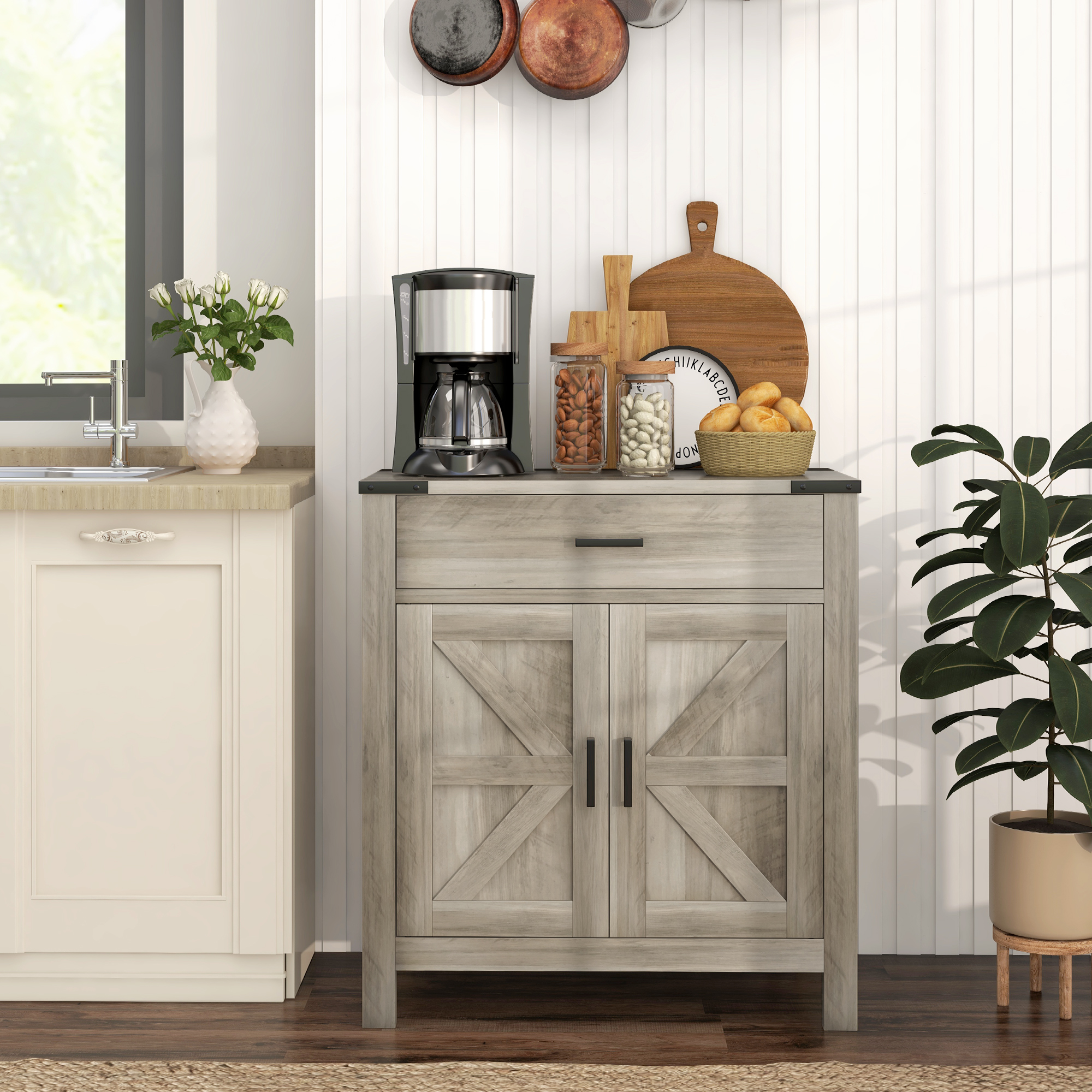 HOMCOM Kitchen Sideboard Cabinet Farmhouse Storage w/ Drawer Shelf for Kitchen Living Room Entryway Aosom Canada