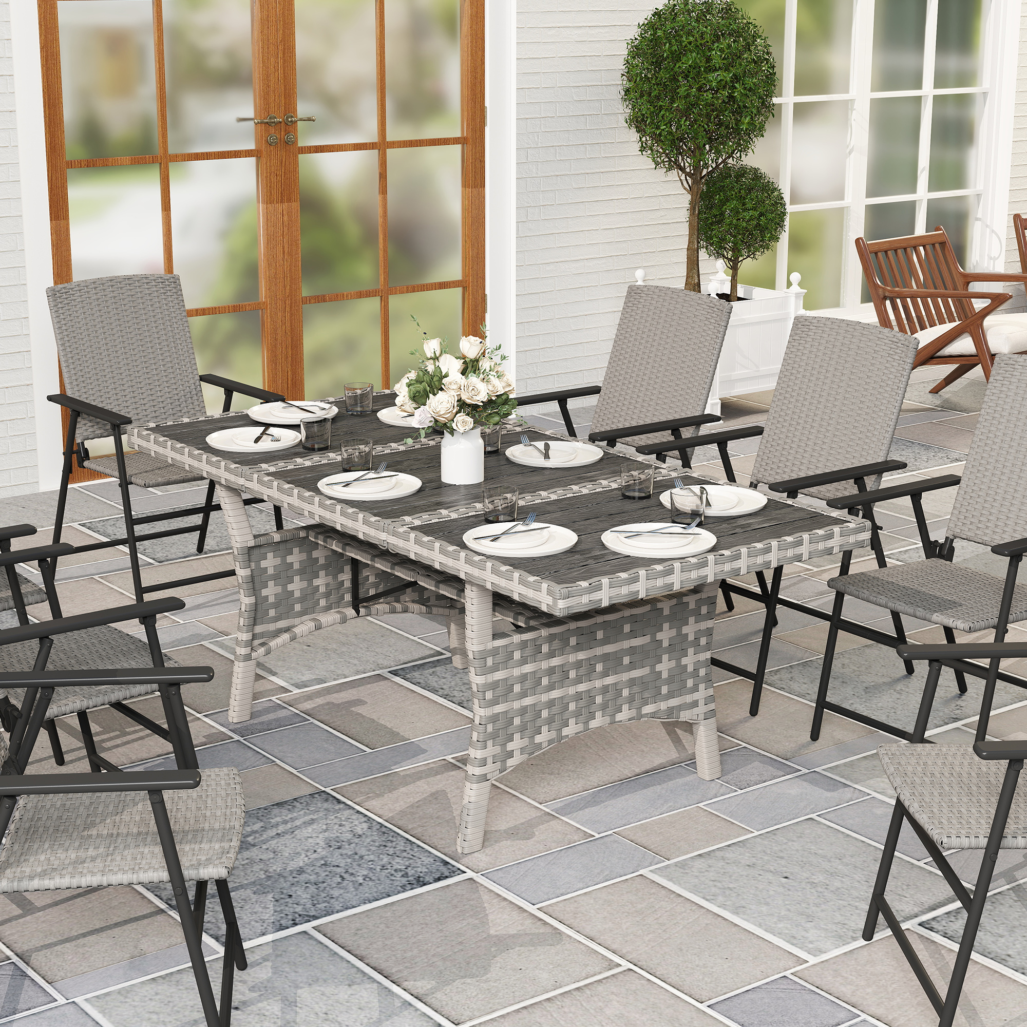 Outsunny 75" Outdoor Dining Table for 6-8, Wicker Patio Table with Storage Shelf and WPC Slatted Top for Balcony, Indoor, Grey Aosom Canada