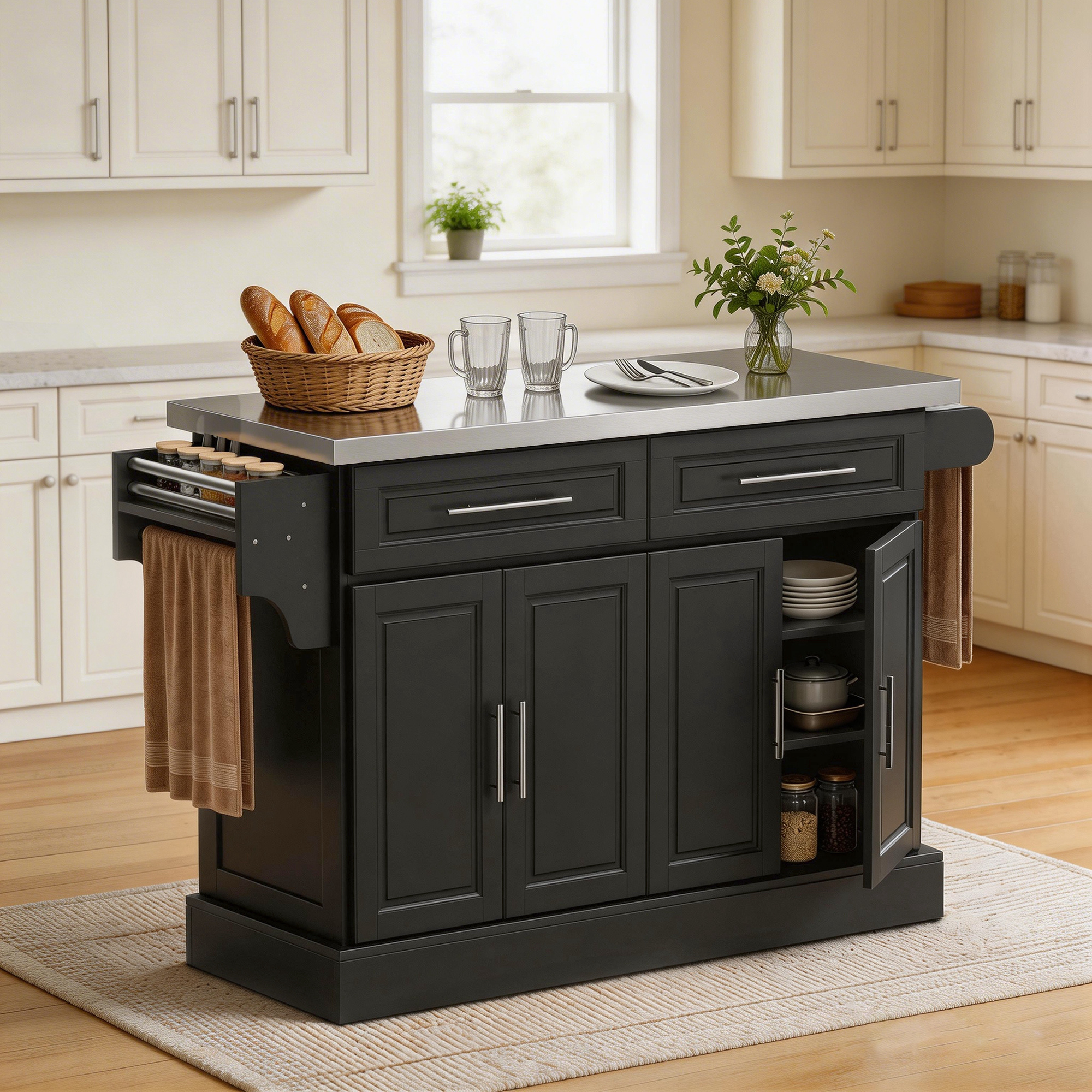 HOMCOM Portable Kitchen Island with Stainless Steel Top, Rolling Cart with Storage, Spice Rack, Drawers and Cabinets, Black Aosom Canada