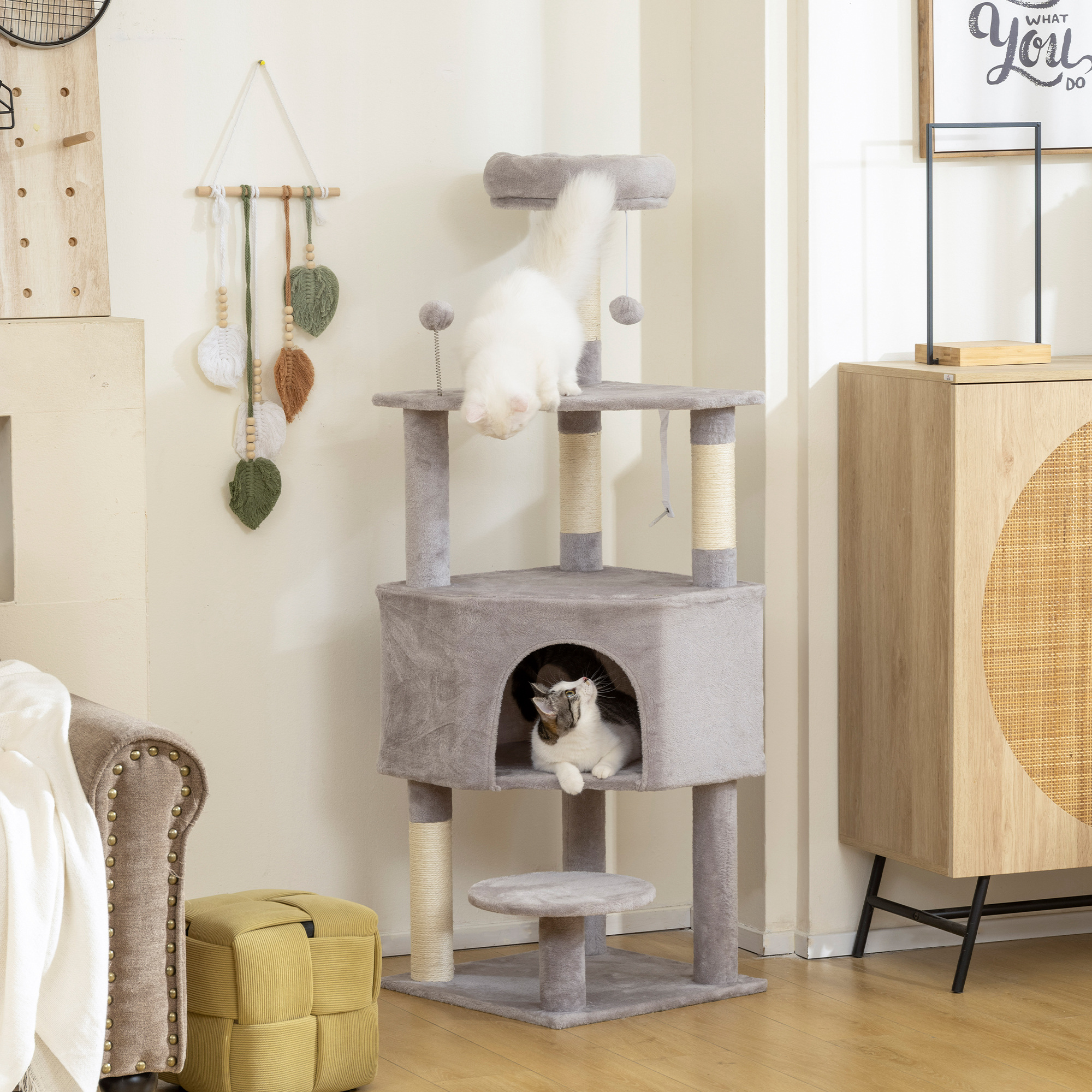 PawHut 54 Inch Cat Tree with Large Condo, Top Perch, Sisal Scratching Posts, Dangling Toy Ball,Light Grey Aosom Canada