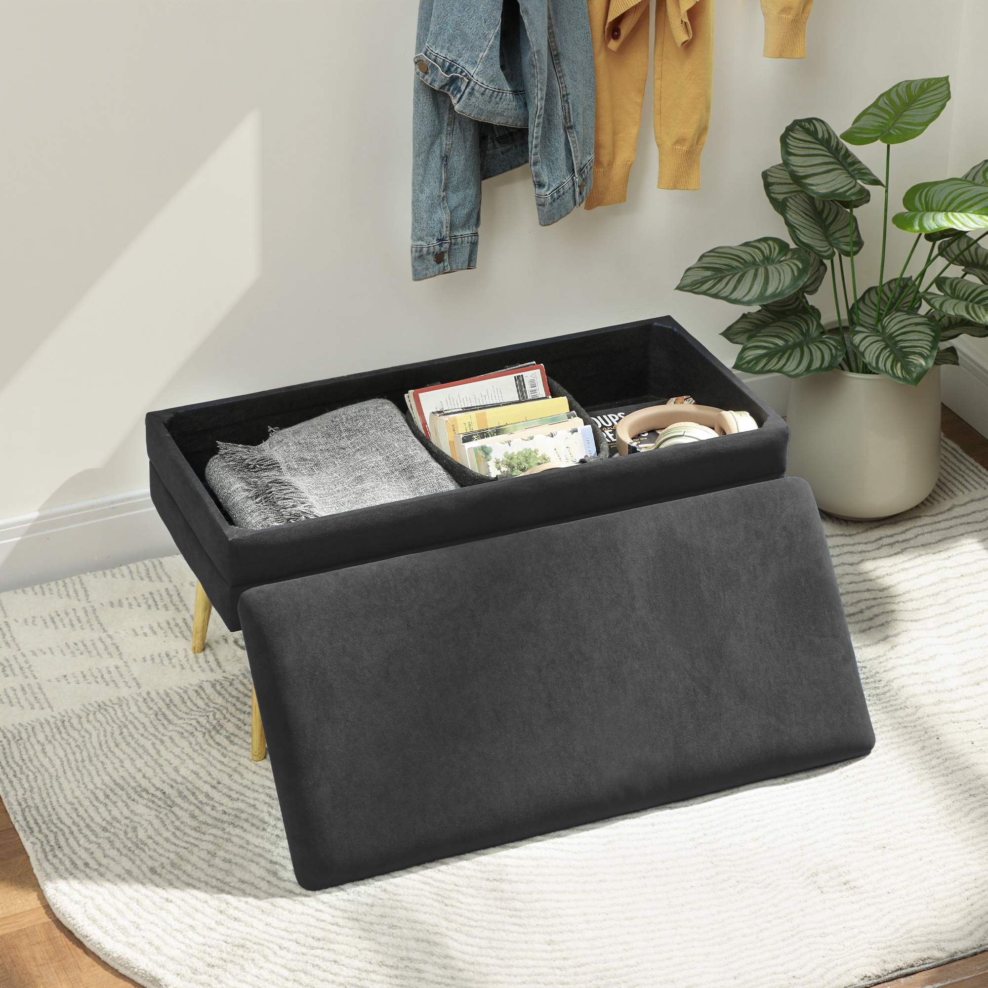 HOMCOM 31" Storage Ottoman, Velvet End of Bed Bench with Steel Legs, Foot Stool with Storage for Bedroom, Living Room, Black Aosom Canada