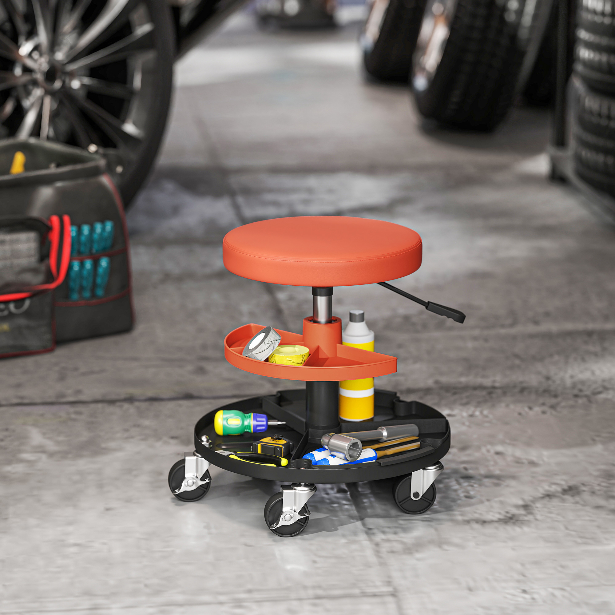 HOMCOM Rolling Garage Stool, 300 LBS Capacity Mechanic Stool with 2.5" Wheels, Tool Trays Storage, Adjustable Height, Orange Aosom Canada