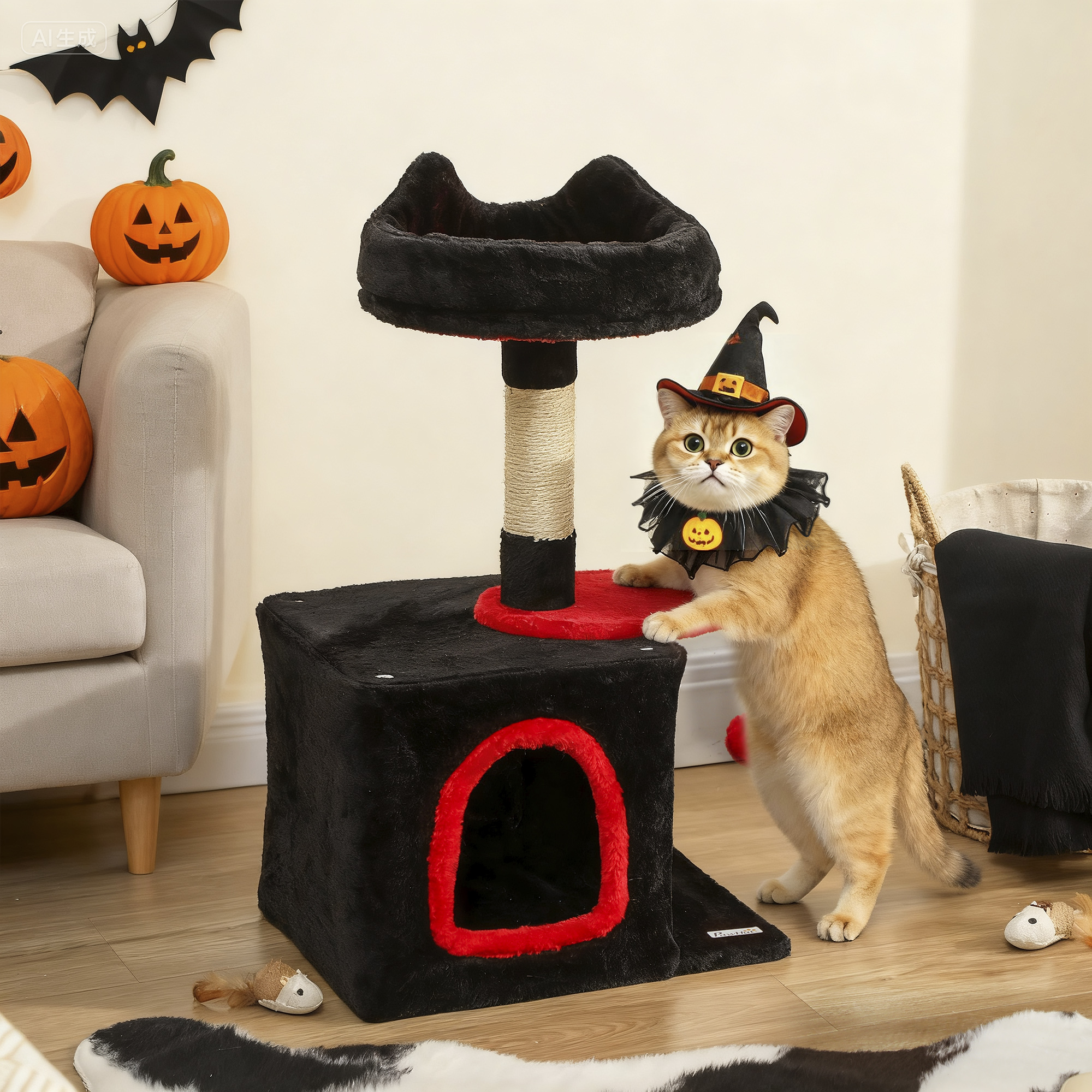 PawHut 28" Gothic Cat Tree Tower with Plush Top Bed, Cozy Condo, Sisal Scratching Post, Perch, Dangling Ball, Red & Black Aosom Canada