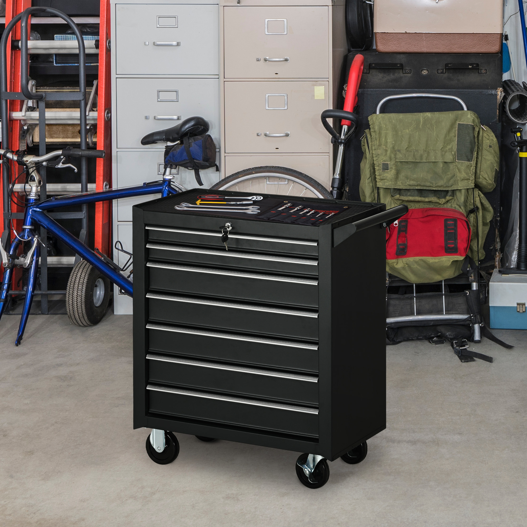 HOMCOM Tool Chest with 7 Lockable Drawers, Mobile Tool Box Storage Organizer with Handle, for Workshop, Mechanics, Garage, Sleek Black Aosom Canada