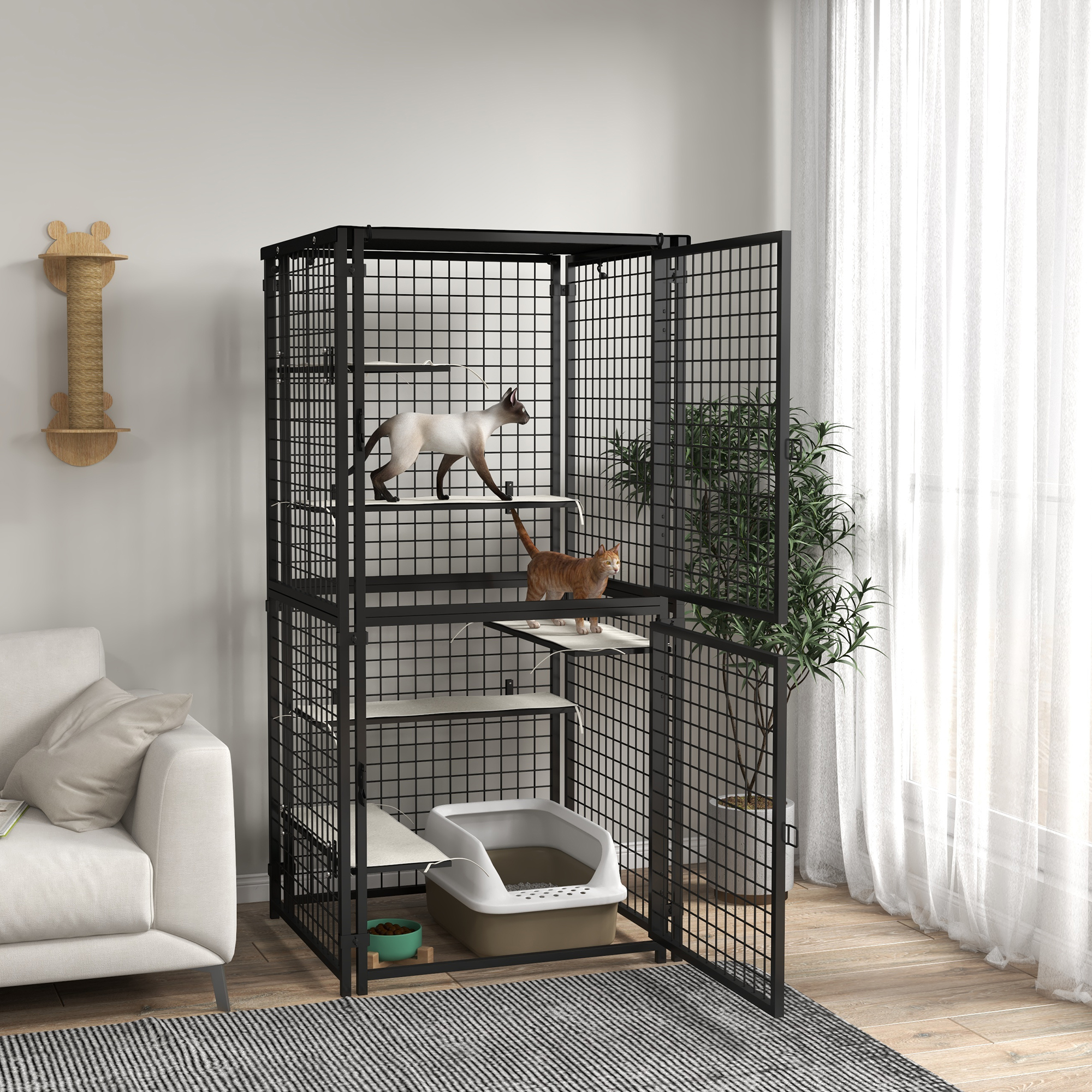 PawHut Cat Cage Multi-Level Catio Steel Outdoor Cat Enclosure w/ UV-and Water Resistant Cover, 5 Platforms, Soft Pads, Black Aosom Canada