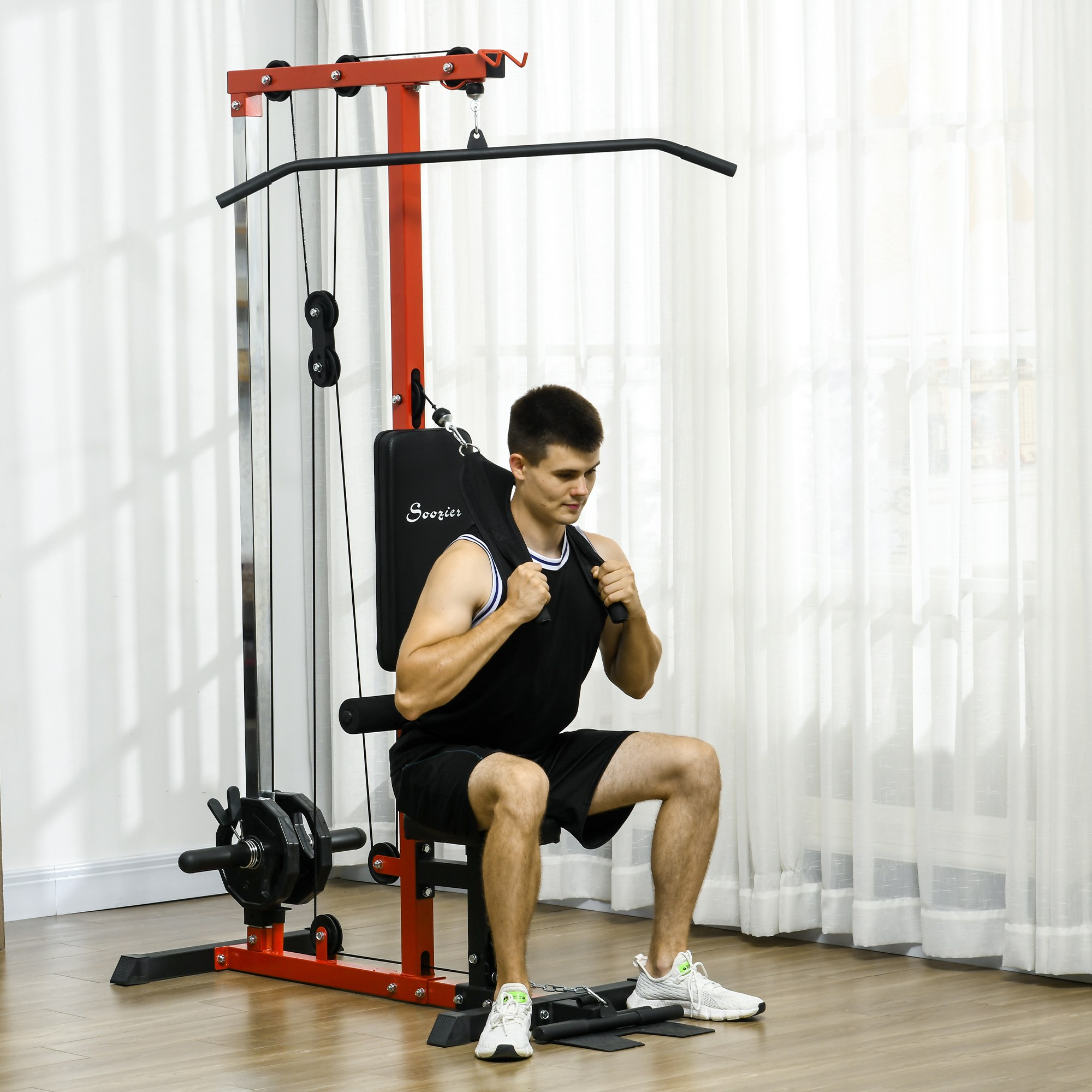 Soozier Lat Pull Down Machine, High / Low Pulley Machine with Adjustable Seat and Flip-Up Footplate, Red Aosom Canada