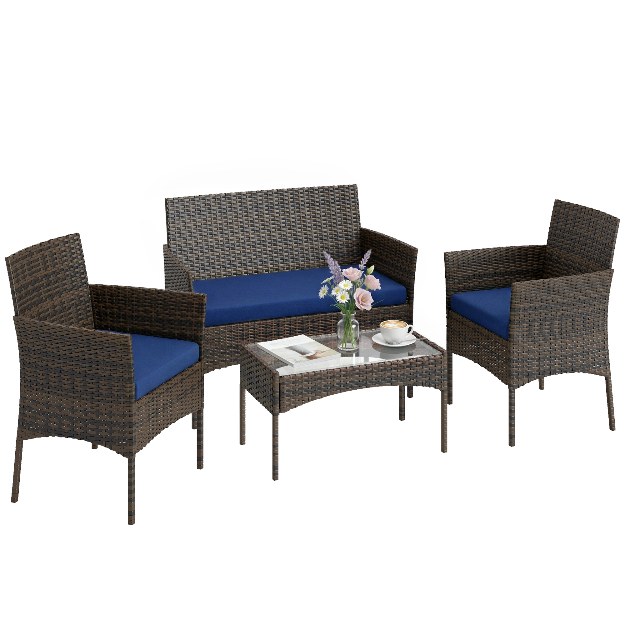 Outsunny 4 Pieces Wicker Outdoor Balcony Furniture Set Rattan Patio Furniture Set with Loveseat Chairs Glass Coffee Table Navy Blue Aosom Canada