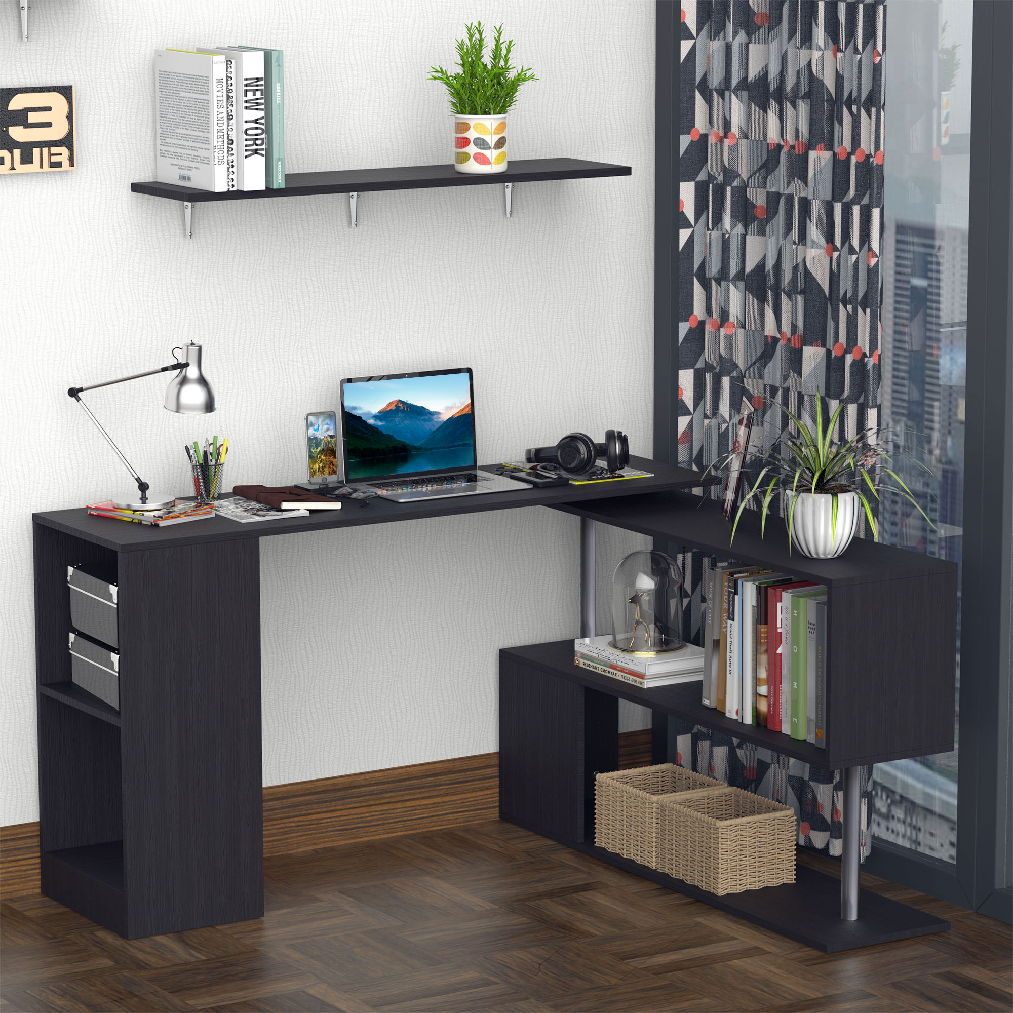 HOMCOM 55" Black Corner Computer Desk - 360° Rotating L-Shaped Workstation with 3-Tier Shelves & Bookshelf Aosom Canada
