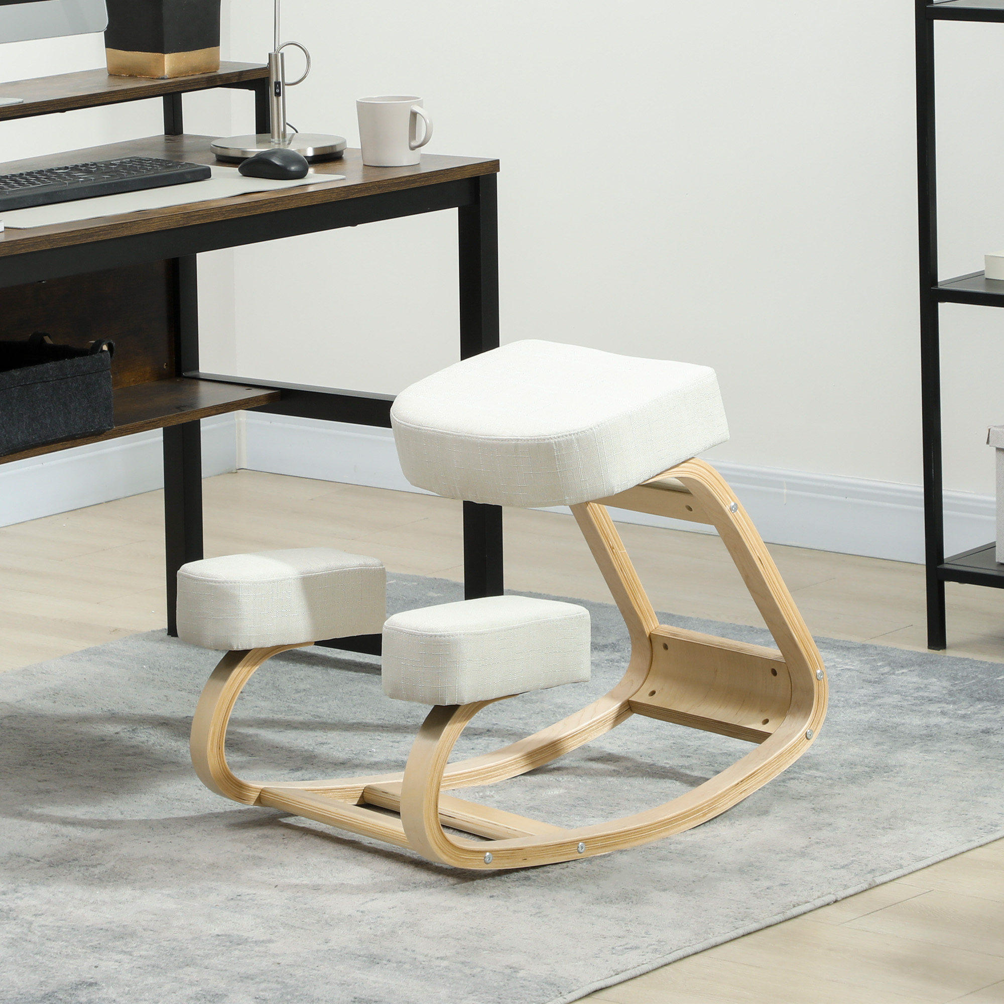 HOMCOM Ergonomic Kneeling Chair, Wood Kneel Stool with Thick Pads, Desk Knee Chair, Improve Posture, Cream White Aosom Canada