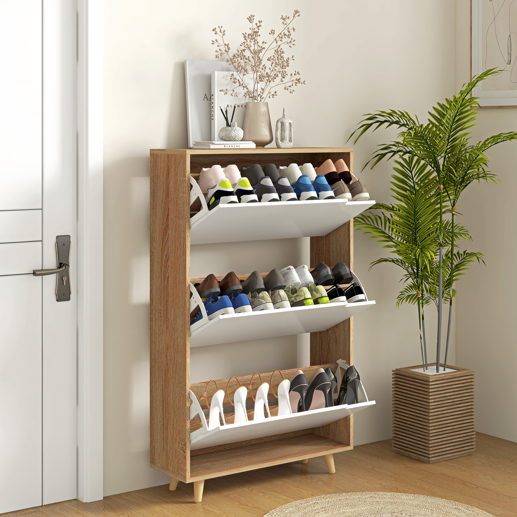 HOMCOM Slim Shoe Storage Cabinet with 3 Flip Drawers and Adjustable Shelves, Shoe Cabinet for 18-24 Pairs, White Aosom Canada
