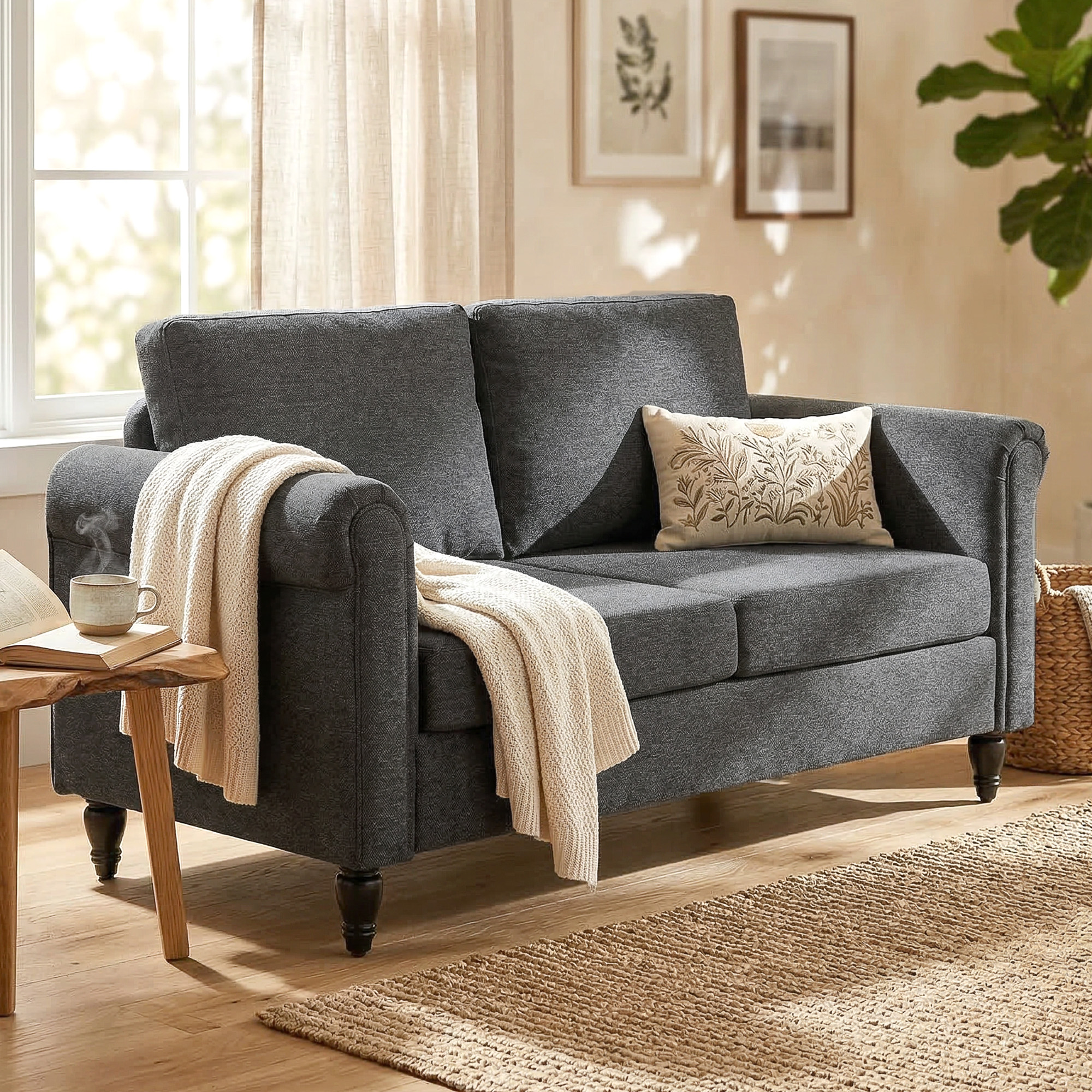 HOMCOM 57.75" Dark Grey Loveseat - Cozy 2-Seater Sofa with Curved Armrests, Throw Cushions & Rubber Wood Legs Aosom Canada