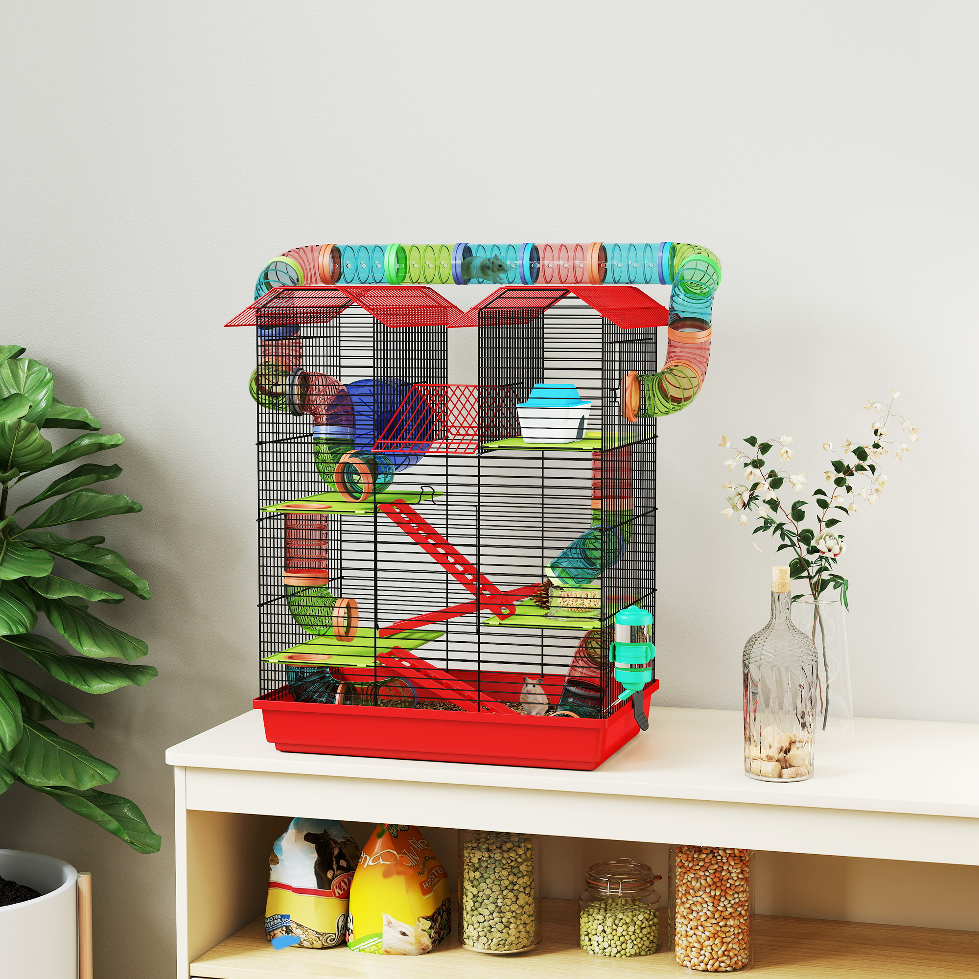 PawHut 18.5" Hamster Cage, 5 Tiers Small Animal House with Tunnel Tube System, Exercise Wheel, Water Bottle, Red Aosom Canada