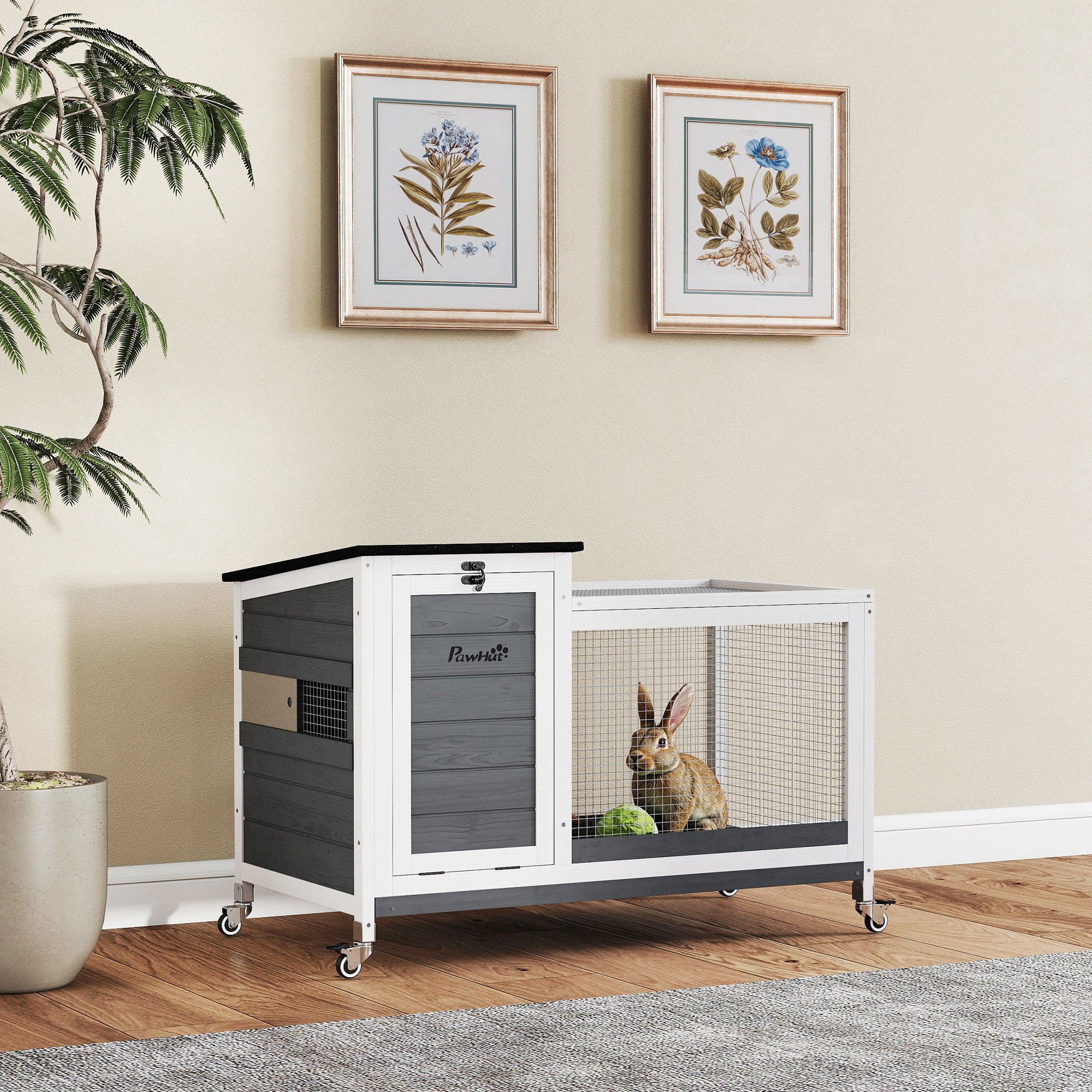 PawHut Wooden Rabbit Hutch with Pull-Out Tray, Asphalt Openable Roof, Small Animal Cage on Wheels with Run, Grey Aosom Canada