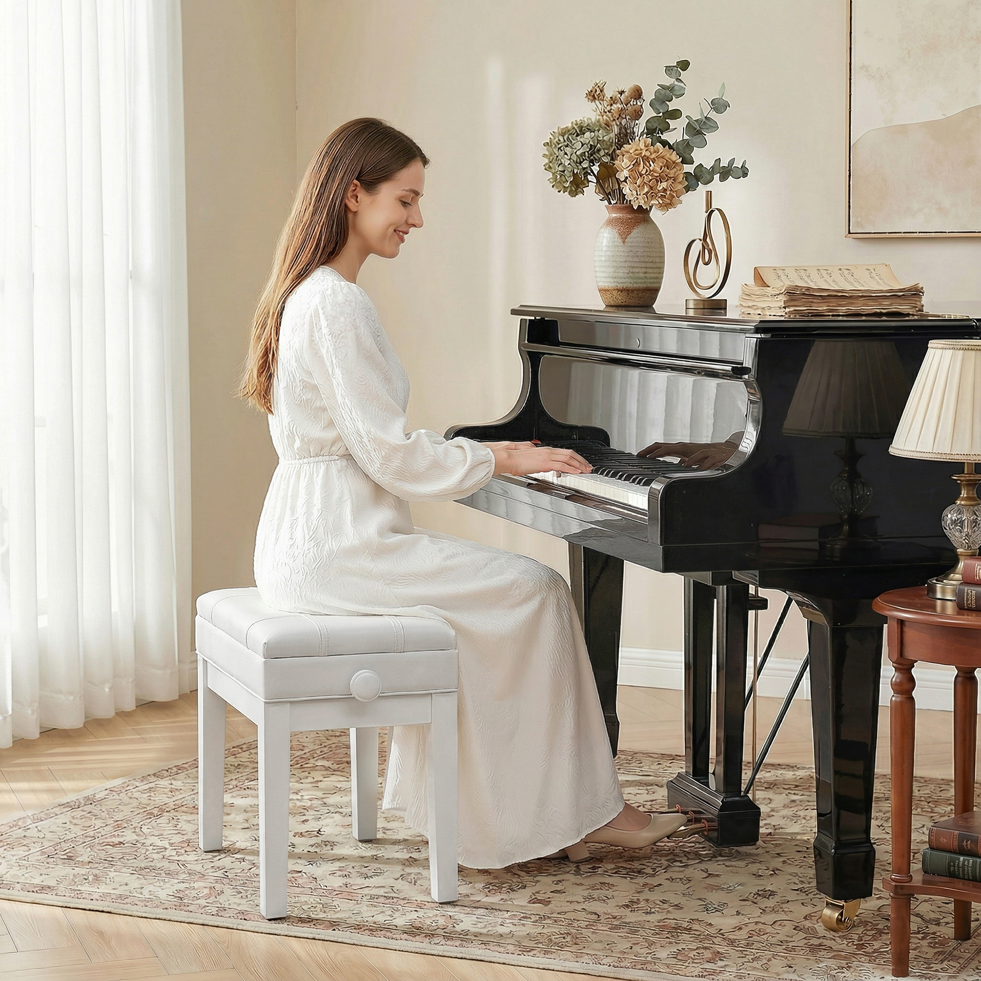 HOMCOM Faux Leather Keyboard Bench, 24.8" Adjustable Piano Bench with Padded Cushion and Storage, White Aosom Canada