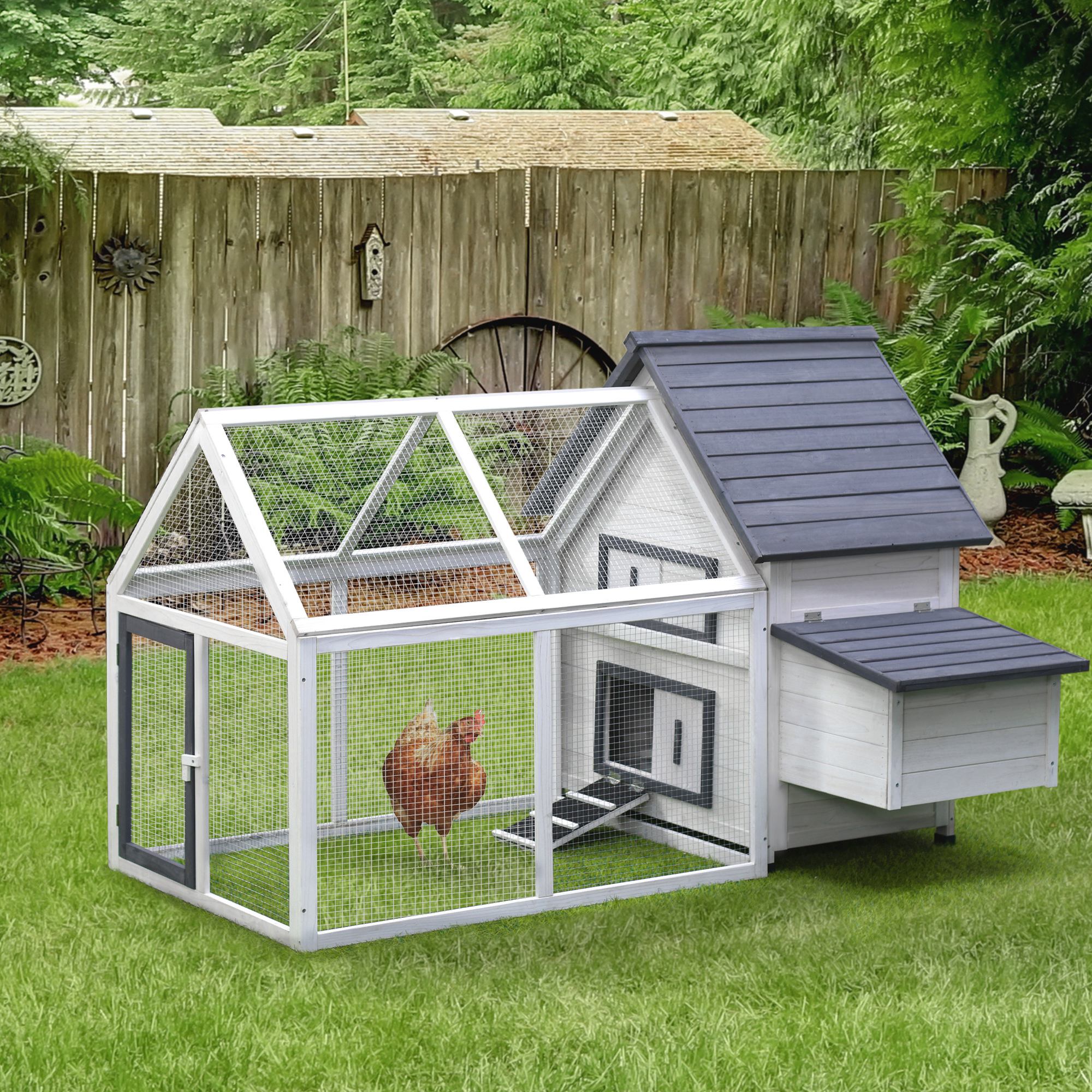 PawHut 65" Wooden Chicken Coop Hen House Rabbit Hutch Outdoor with Nesting Box Ramp Run Ladder Aosom Canada