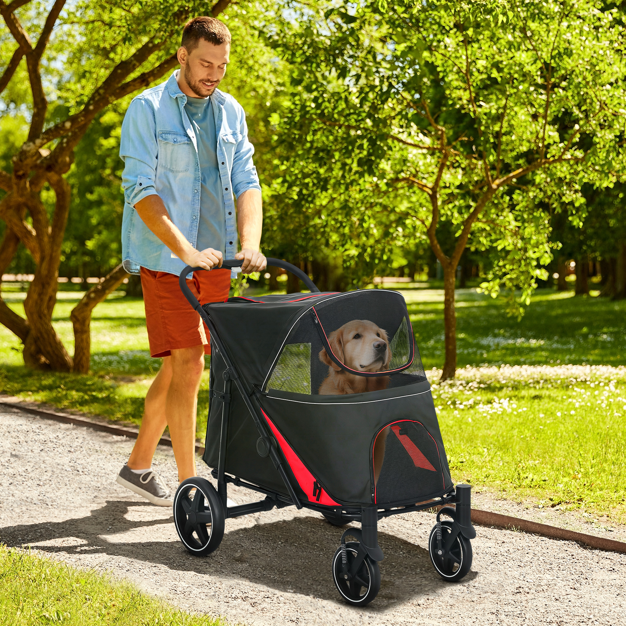 PawHut One-Click Foldable Pet Stroller for Dogs & Cats with Shock Absorbing Front Wheels, Brakes, & Storage Aosom Canada
