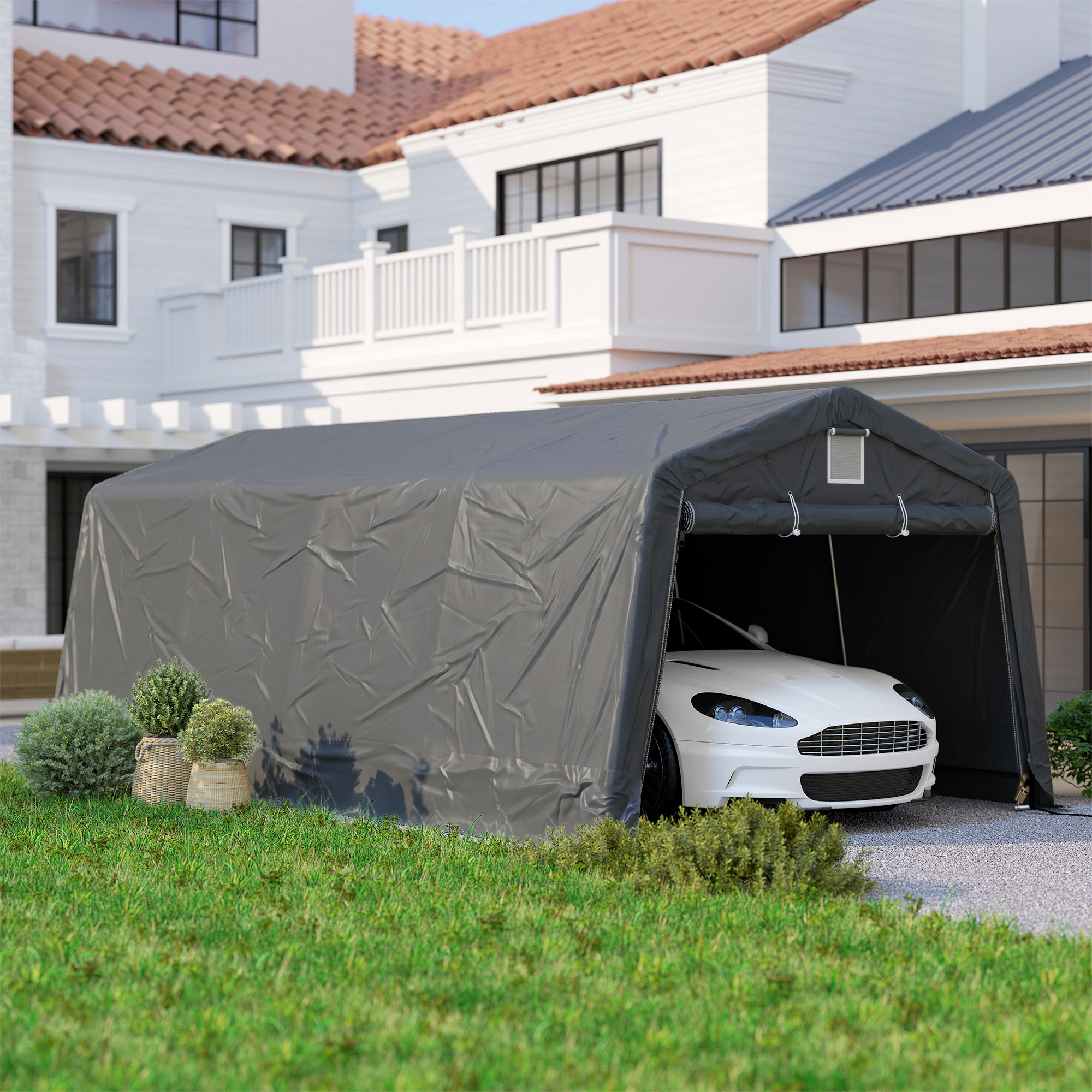 Outsunny 11' x 20' Portable Garage, Heavy Duty Carport Canopy with Ventilation Windows and Large Roll-up Door, Dark Grey Aosom Canada