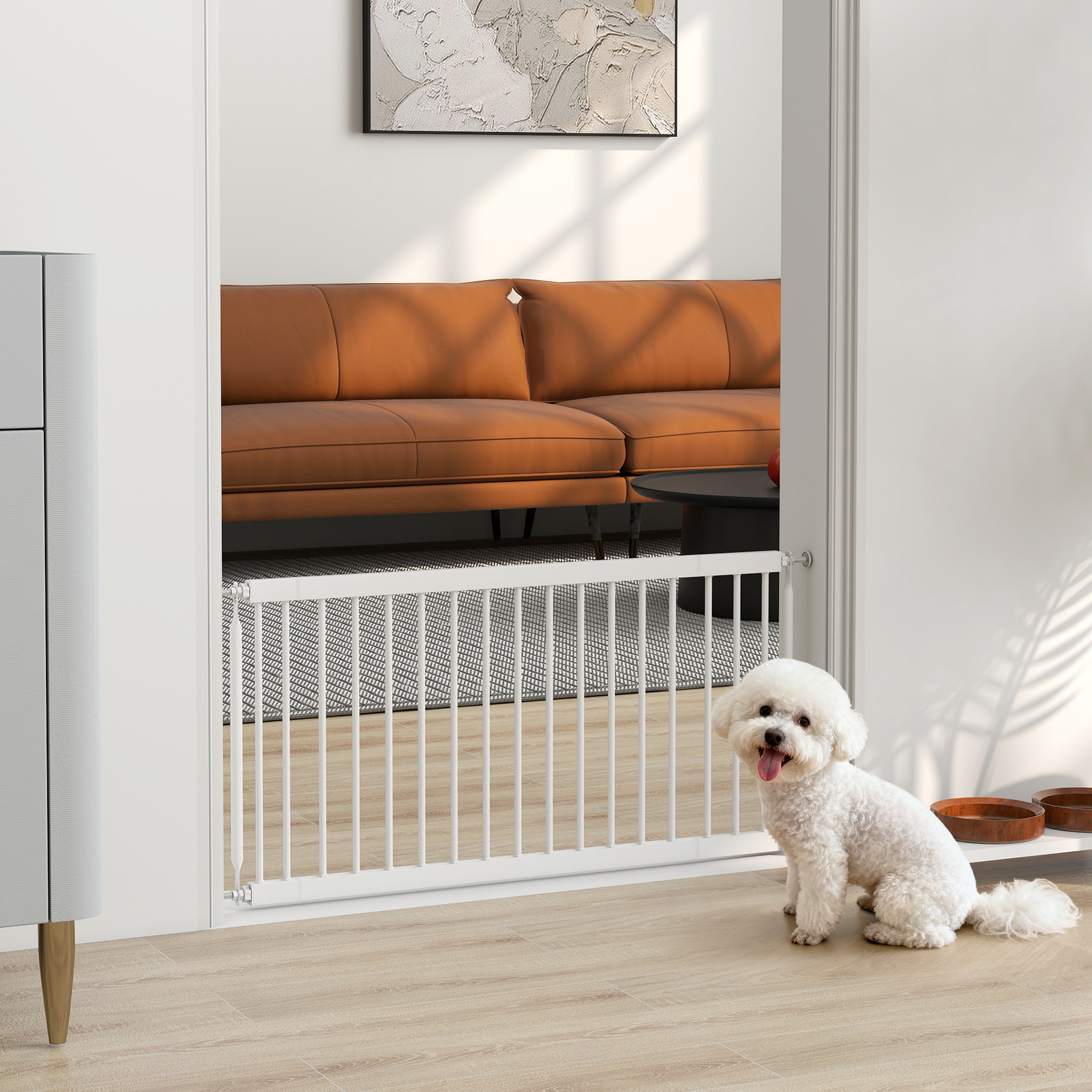 PawHut 26"-37" Dog Gate, Adjustable Pet Gate, Fits 18" Tall with 2 Extension, Pressure Mount Kit for Stairs and Doorways, White Aosom Canada