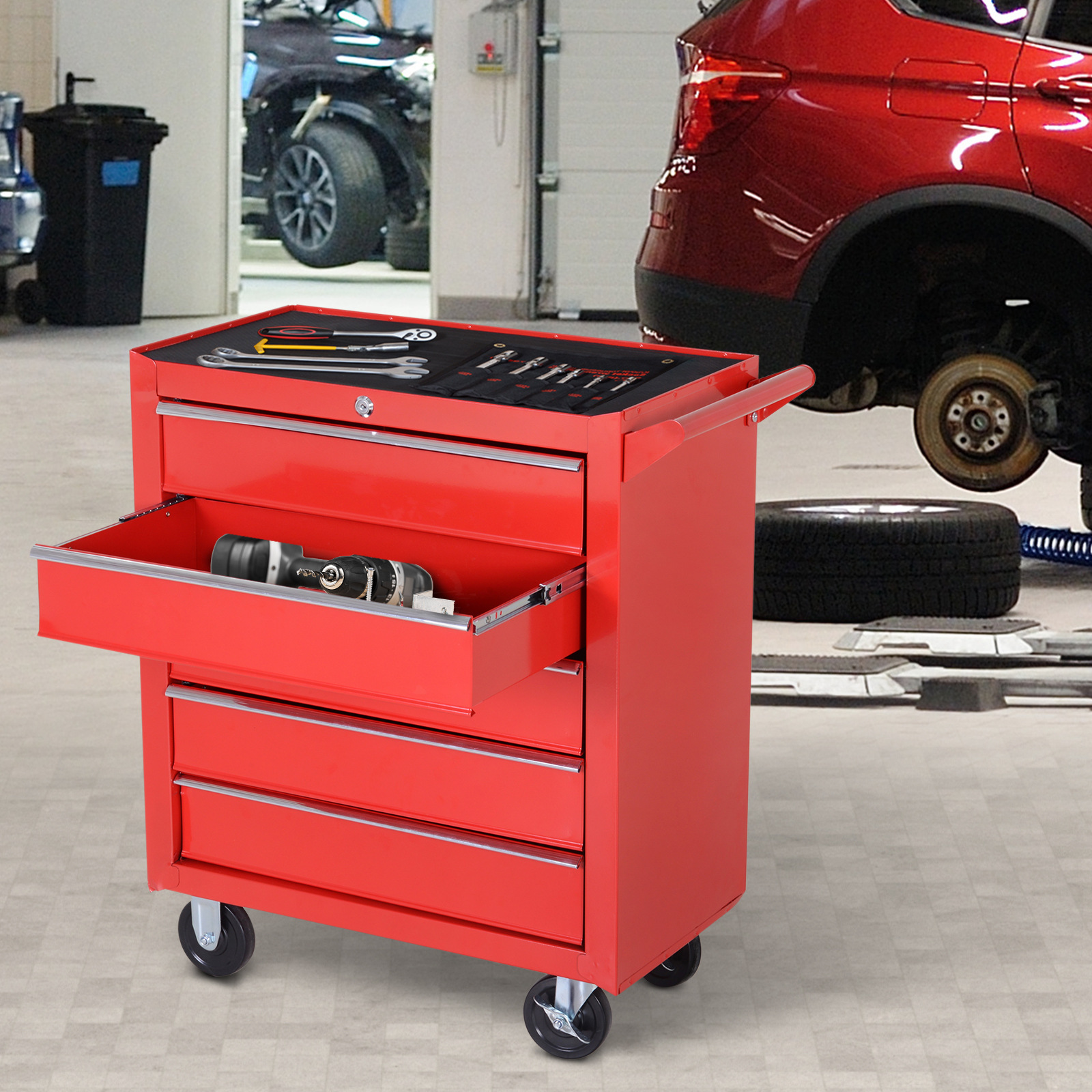 HOMCOM 5 Drawer Roller Tool Chest on Wheels Mobile Lockable Toolbox Storage Cabinet Handle Workshop Garage Red Steel Aosom Canada