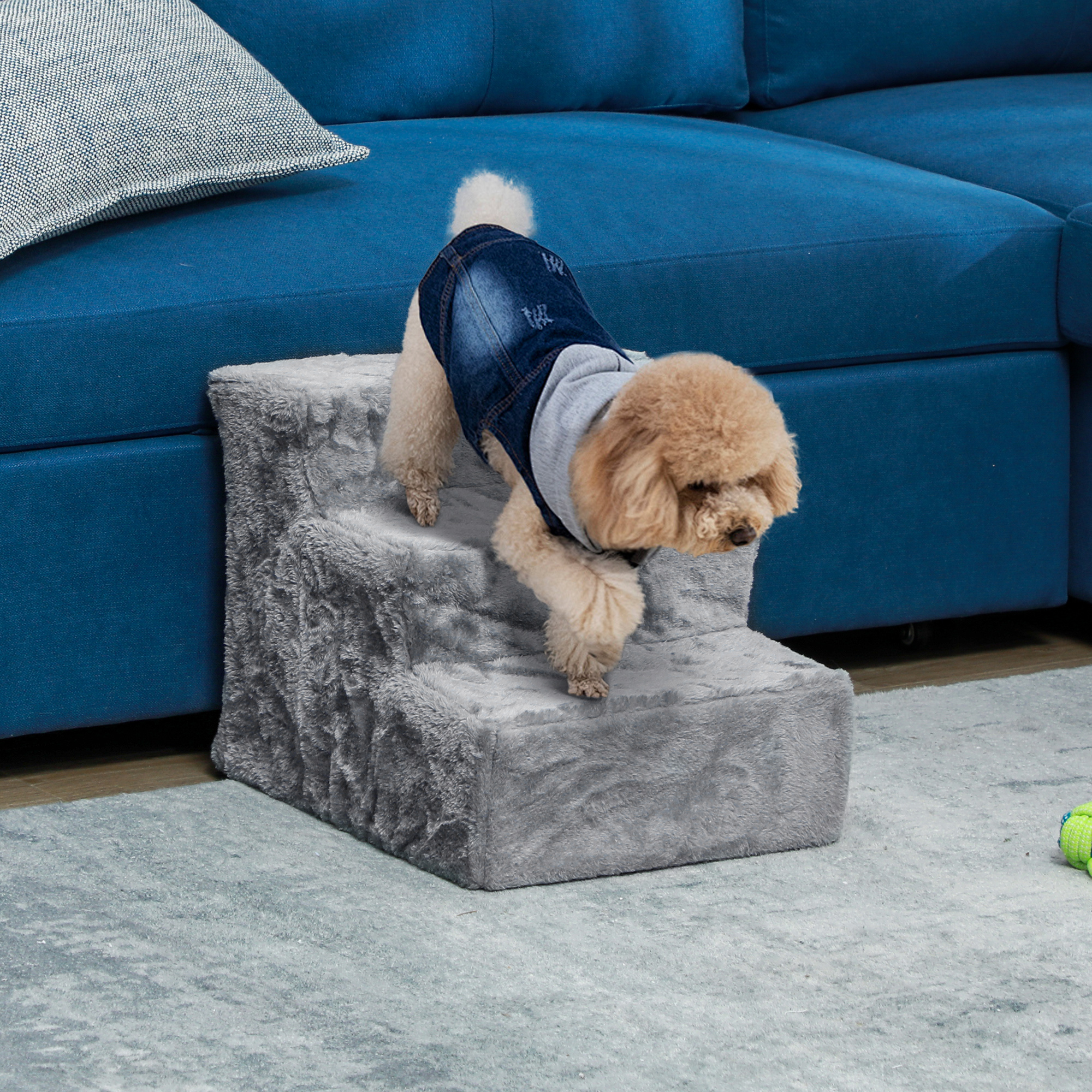 PawHut 3-Step Dog Ramp for Sofa, Bed, and Couch, with Removable Cover, Light Grey Aosom Canada