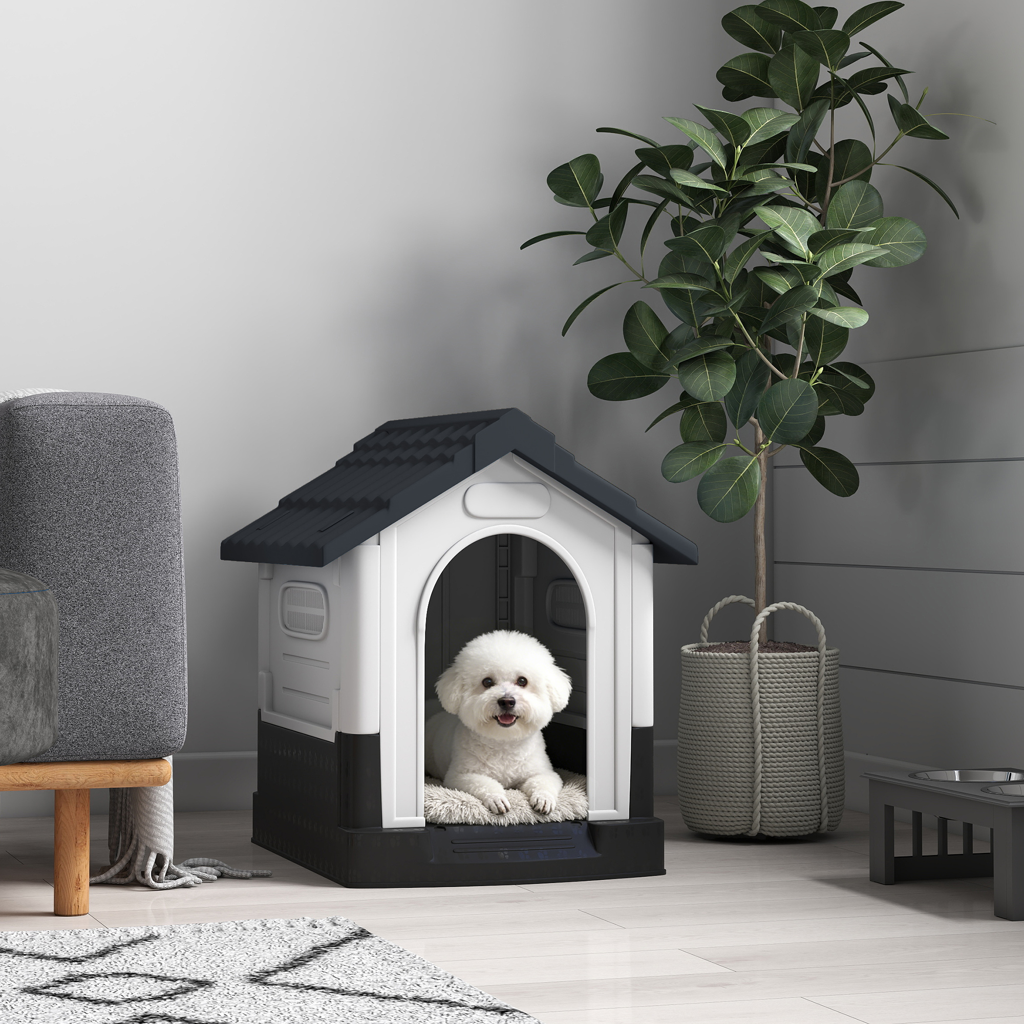 PawHut Outside Dog Kennel House with Windows, Base Support, for Garden Patio, Miniature Dogs, 64.5 x 57 x 66cm, Dark Grey Aosom Canada