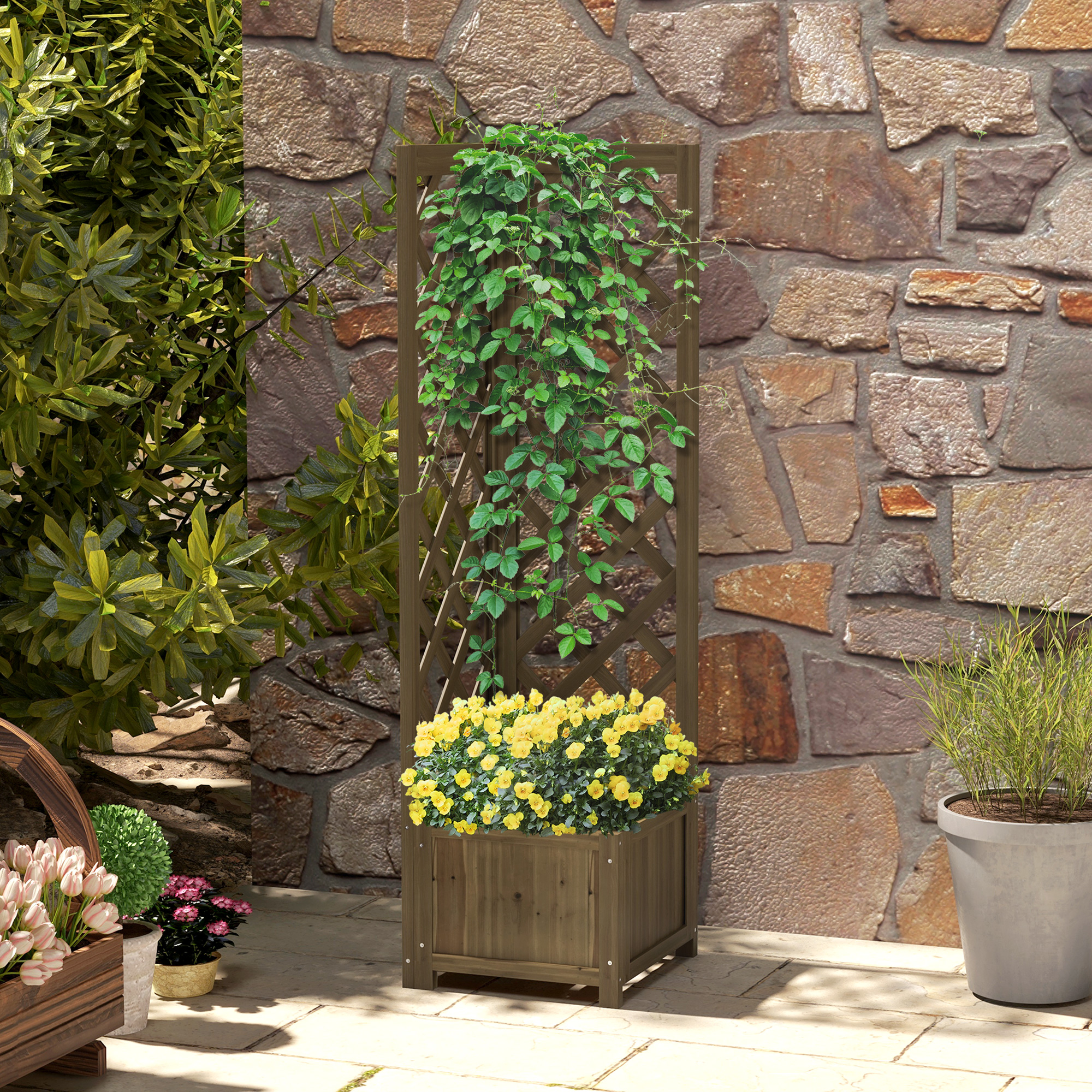 Outsunny Raised Garden Bed Wood Planter with Trellis for Vine Climbing, 16" x 16" x 57", Carbonized Aosom Canada