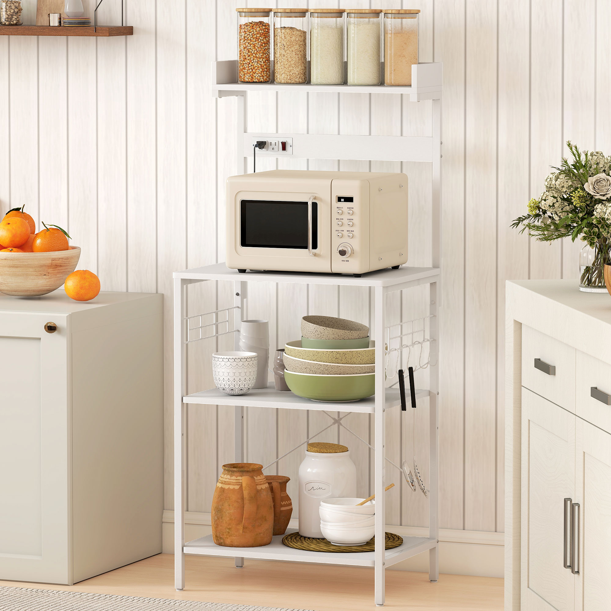HOMCOM Kitchen Baker's Rack with Power Outlet, Coffee Bar Station with Adjustable Shelves and Hooks, Distressed White Aosom Canada