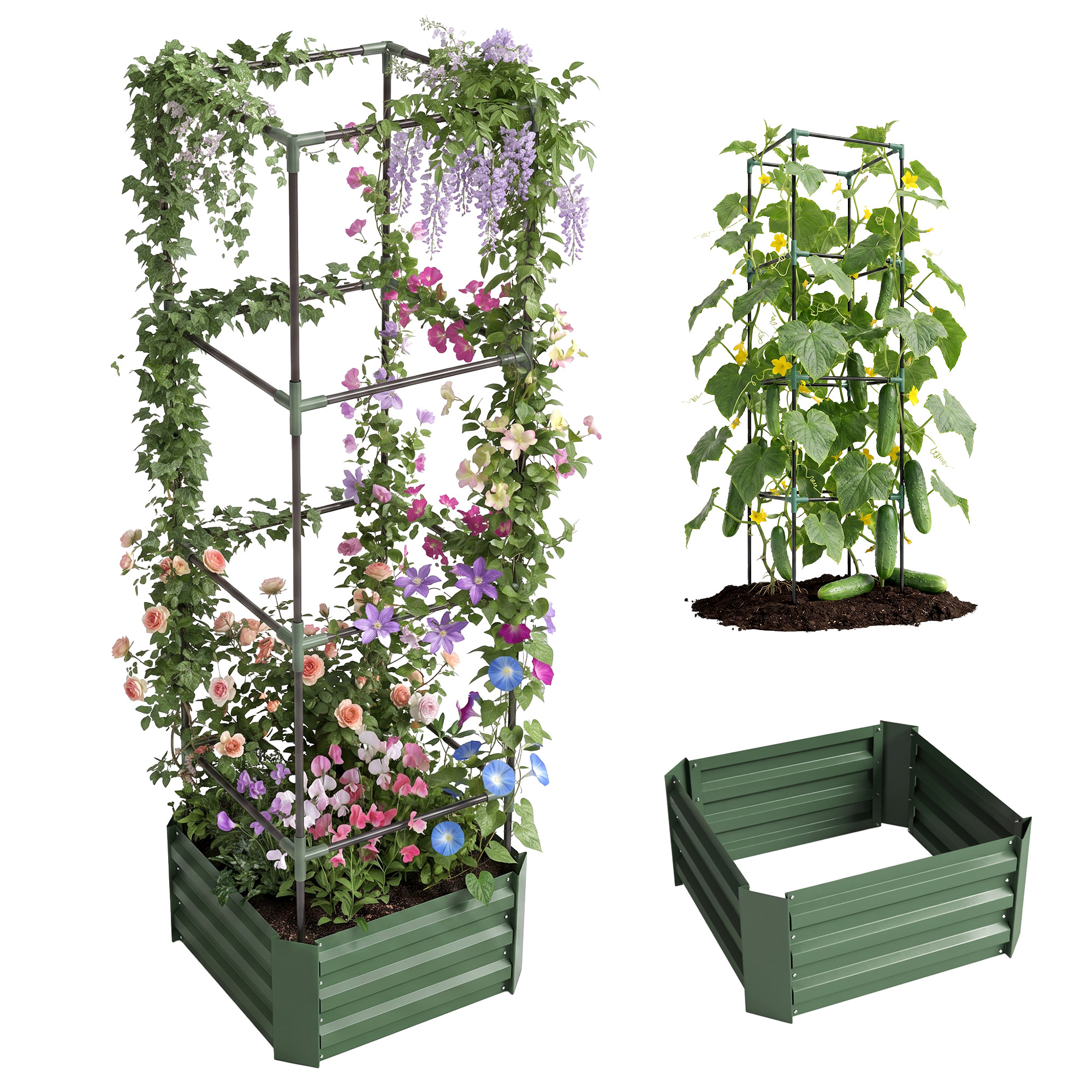 Outsunny Galvanized Planter Box, 24" x 24" x 73.5" Raised Garden Bed with Tomato Cage for Climbing Vines, Green