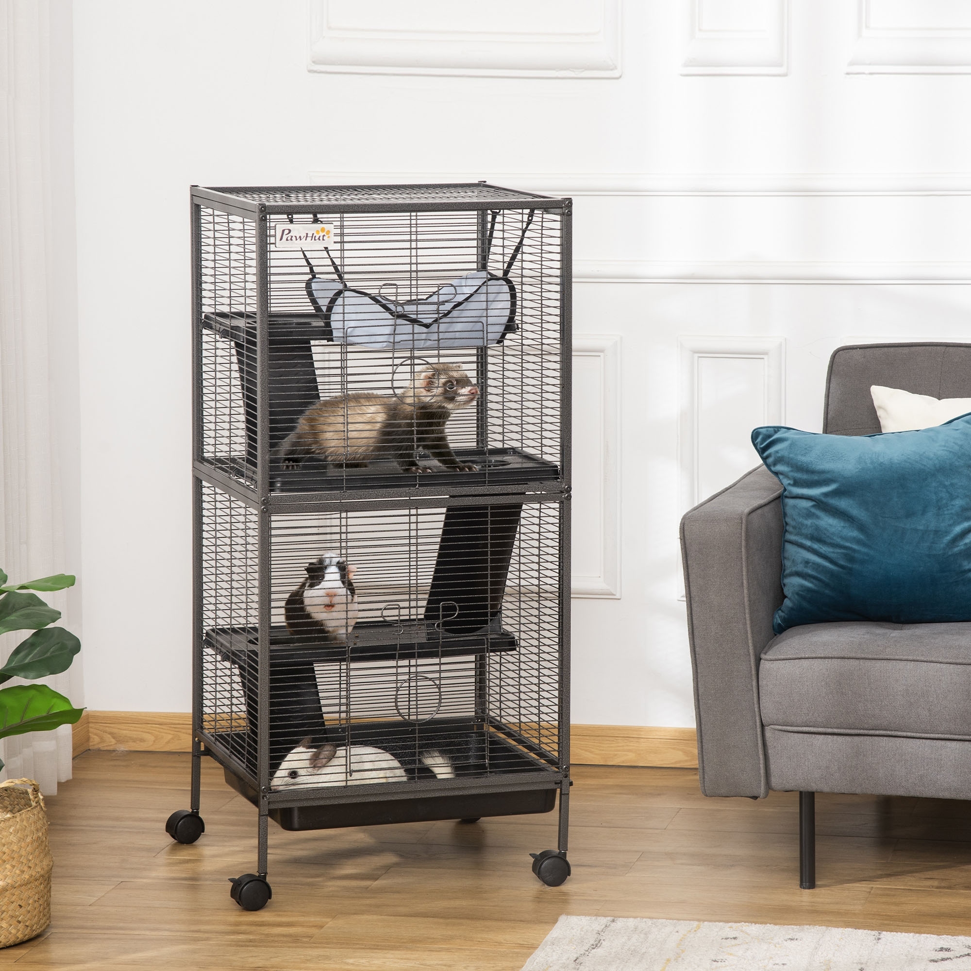 PawHut Rolling Small Animal Cage, Pet Mink Chinchilla Small Cat Hutch Pet Play House with Platform, Ramp & Removable Tray Aosom Canada