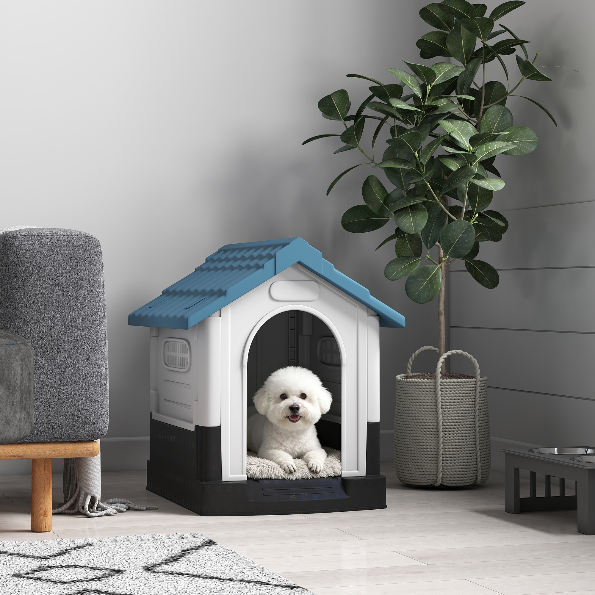PawHut Outside Dog Kennel House with Windows, Base Support, for Garden Patio, Miniature Dogs, 64.5 x 57 x 66cm, Blue Aosom Canada