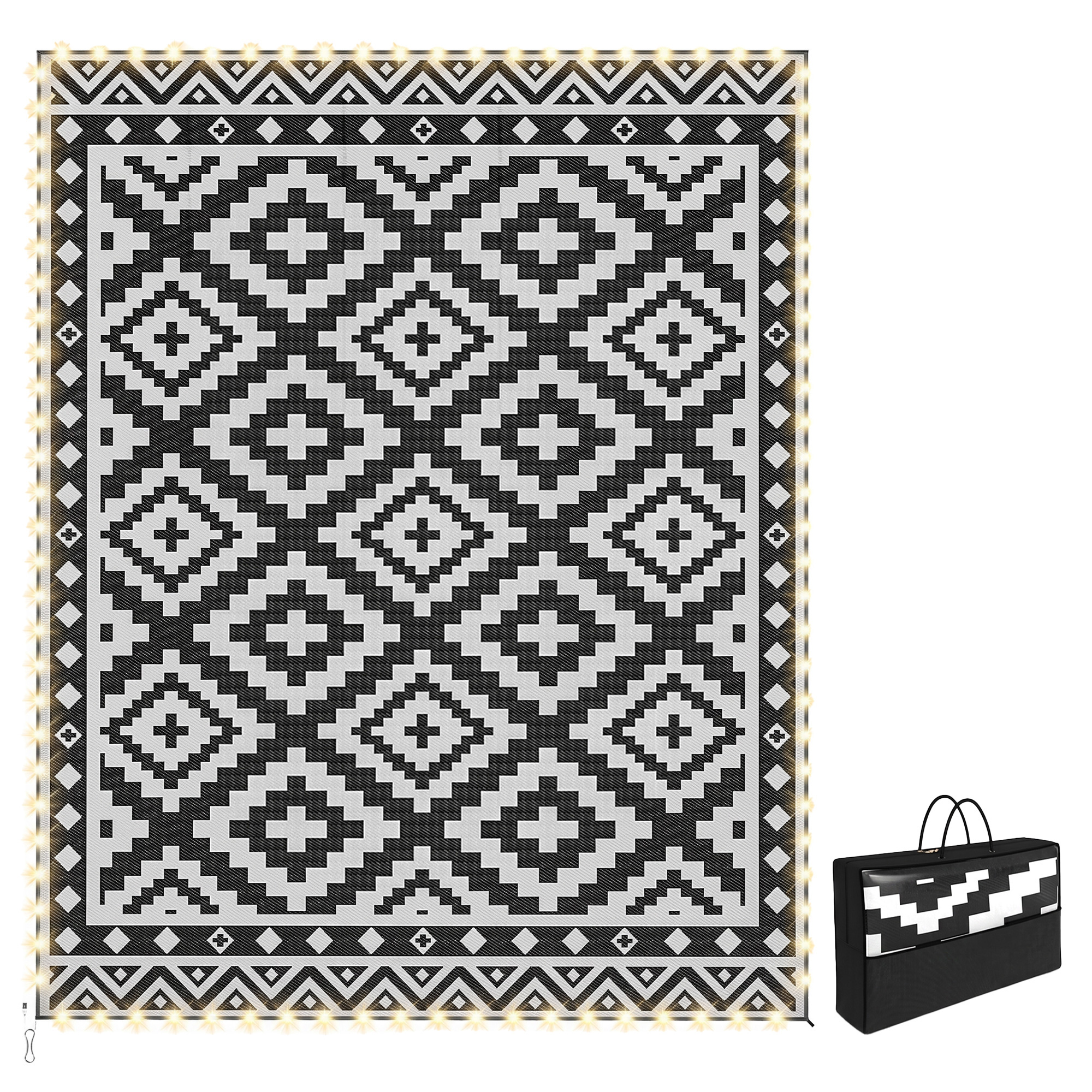 Outsunny Outdoor Rug Carpet Reversible Plastic Straw Rug with LED Lights Black and White 10' x 8' for Patio