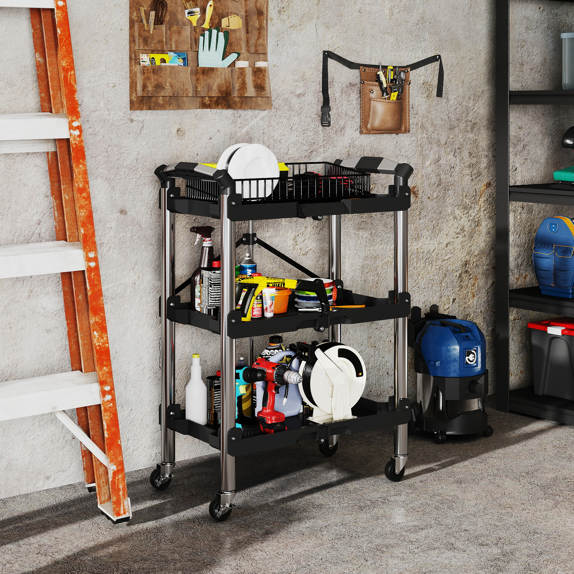HOMCOM 3-Tier Collapsible Tool Cart with Wheels, 150 LBS Capacity Folding Utility Cart with Handles for Garage Workshop, Black Aosom Canada
