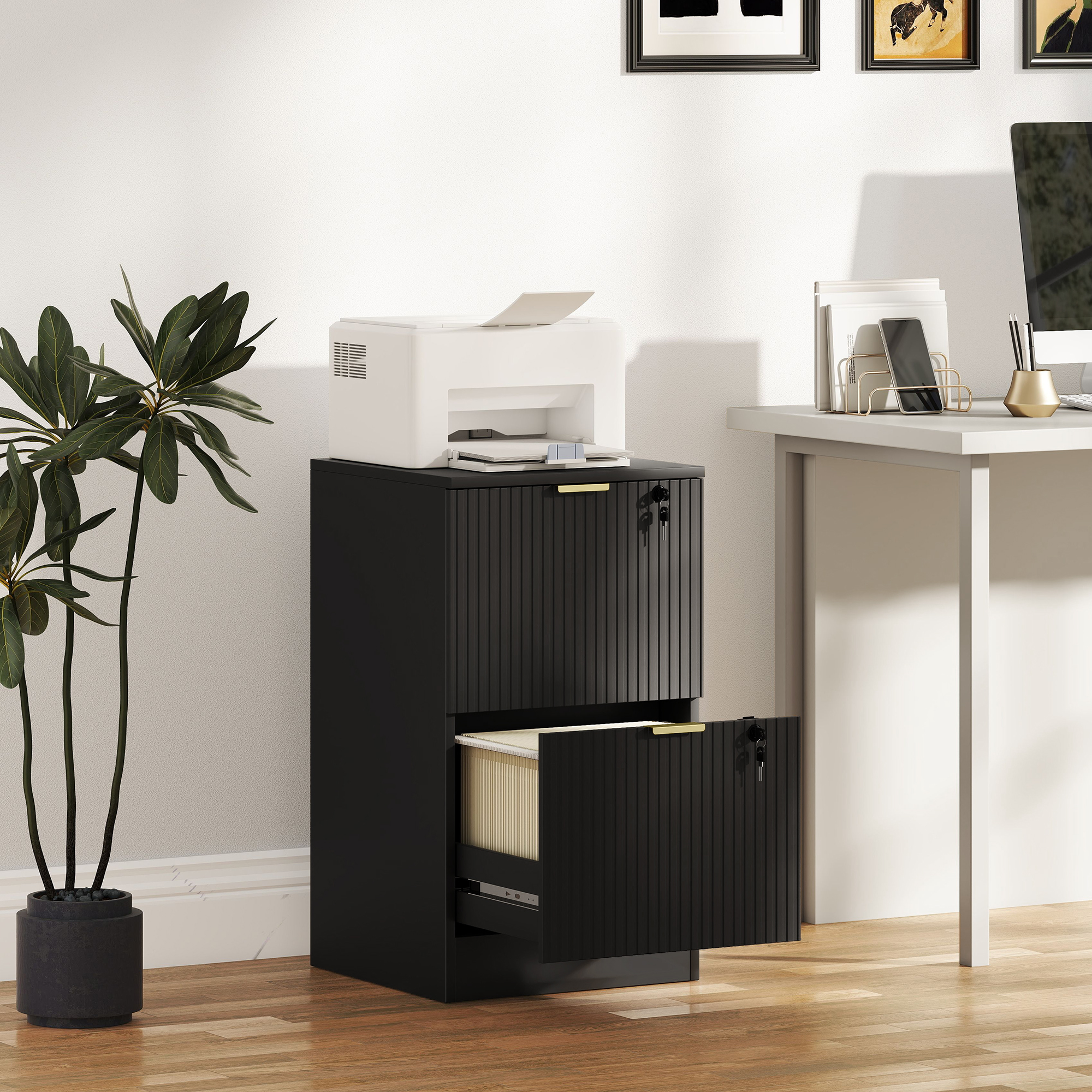 HOMCOM Lockable Filing Cabinet with 2 Fluted Drawers, File Cabinet with Adjustable Hanging Rails for A4 Letter Files, Black Aosom Canada