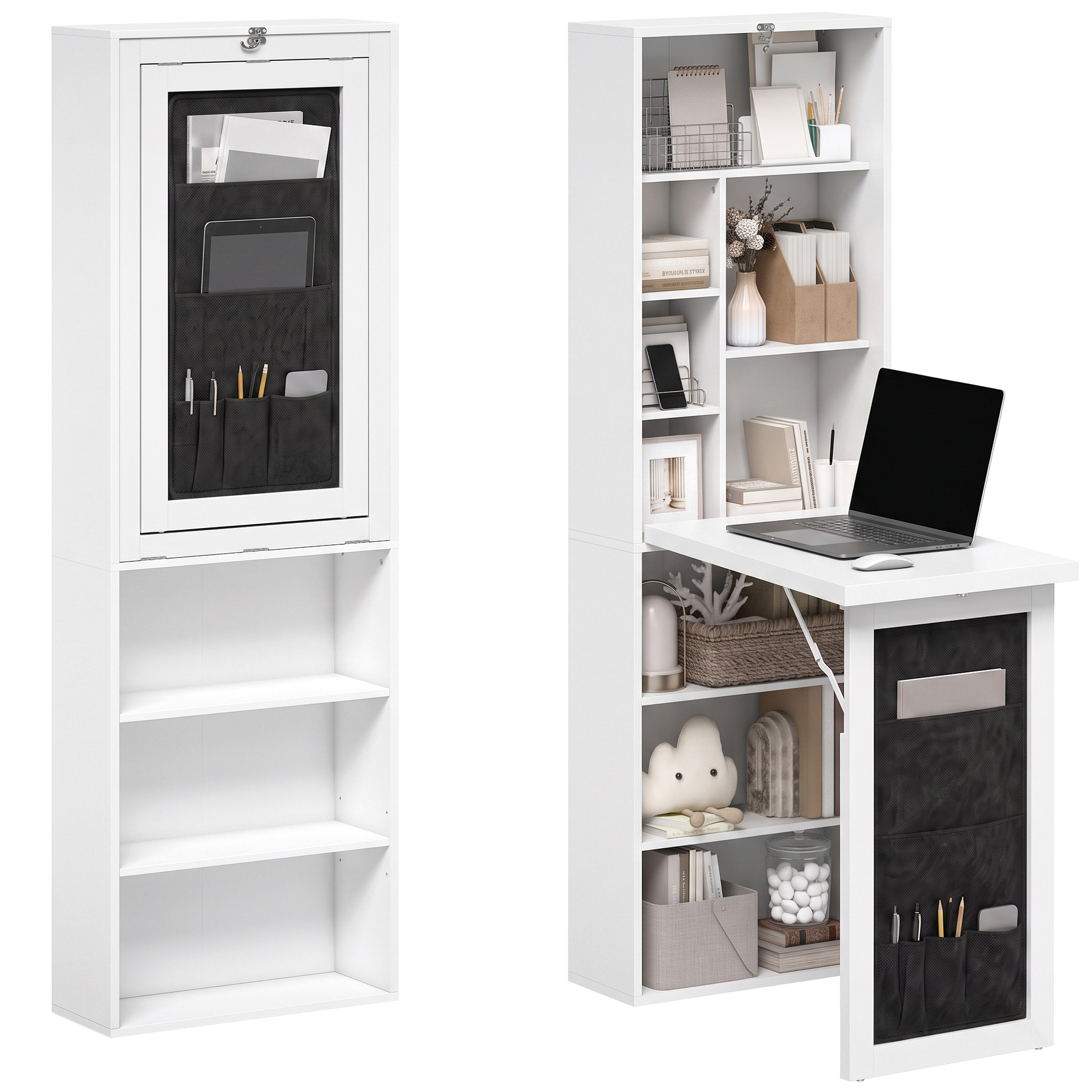 HOMCOM Foldable Convertible Writing Table with Storage Shelves, Bag, Wall-Mounted Space-Saving Computer Desk, White