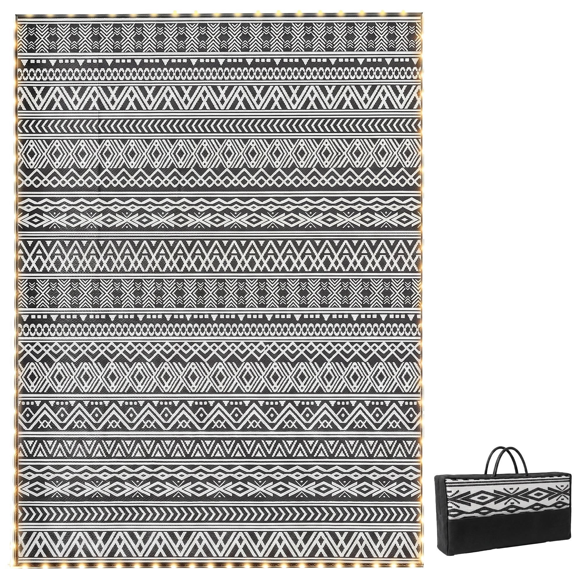 Outsunny Outdoor Rug Carpet with USB Lights Reversible Patio Rug with Carry Bag for Camping 12' x 9'
