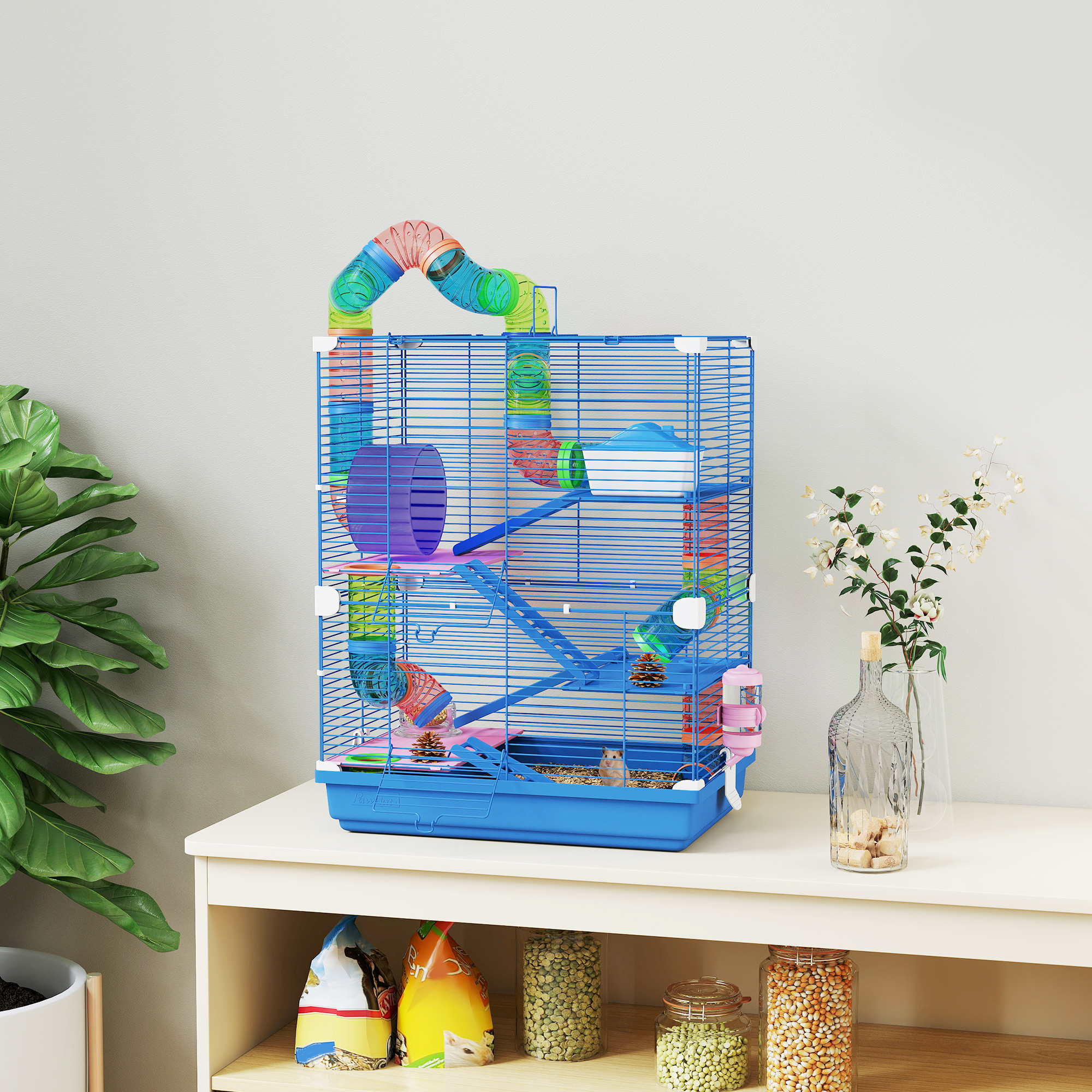 PawHut 5 Tiers Hamster Cage Portable with Exercise Wheels Play Tube Water Bottle Dishes House Ladder for Gerbils, Blue Aosom Canada