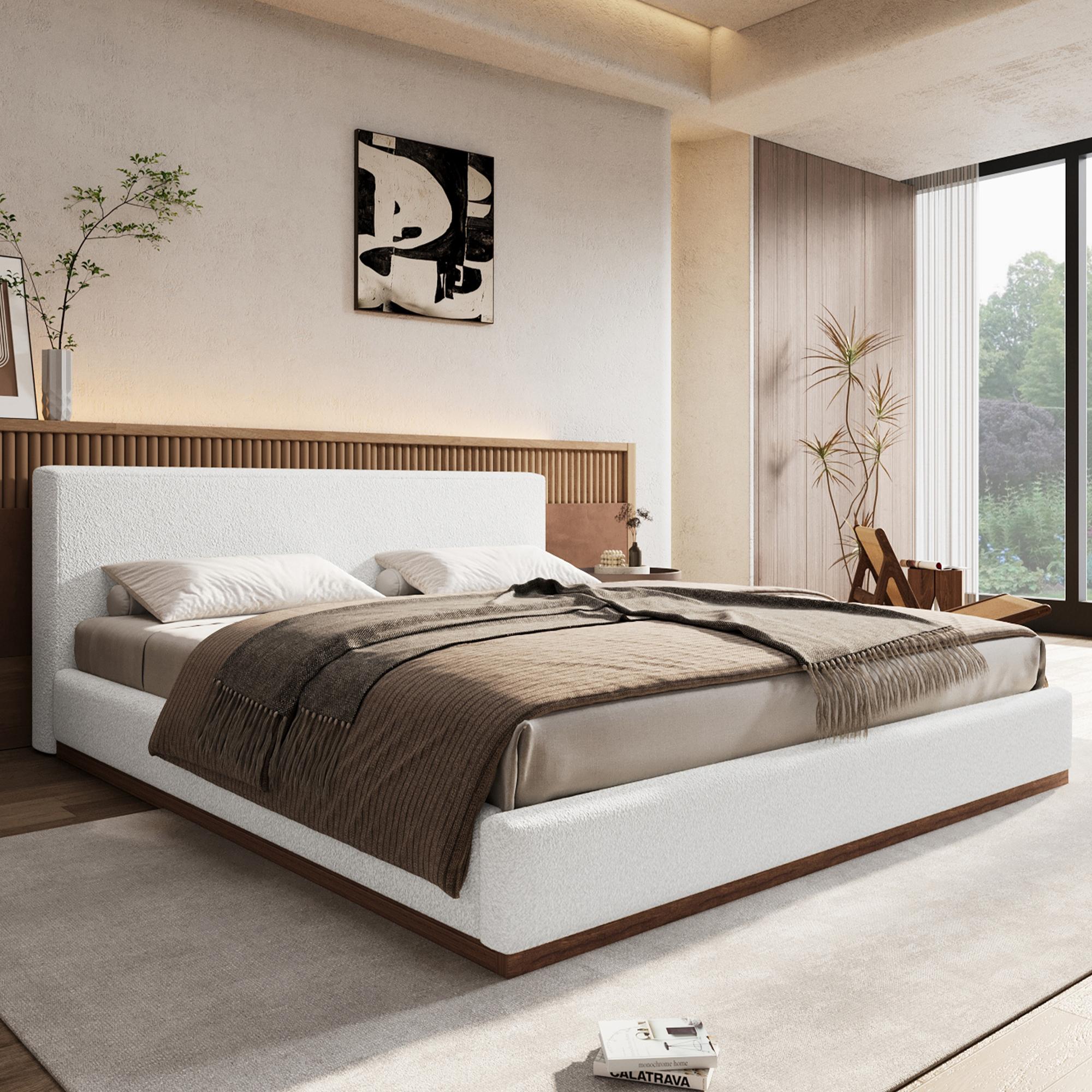 Elegant Queen Bed Frame with Solid Wood Base Frame, Fabric Platform Bed for Bedroom, 86.5'' L x 64.5'' W x 33.5'' H, Brown+White | Aosom Canada