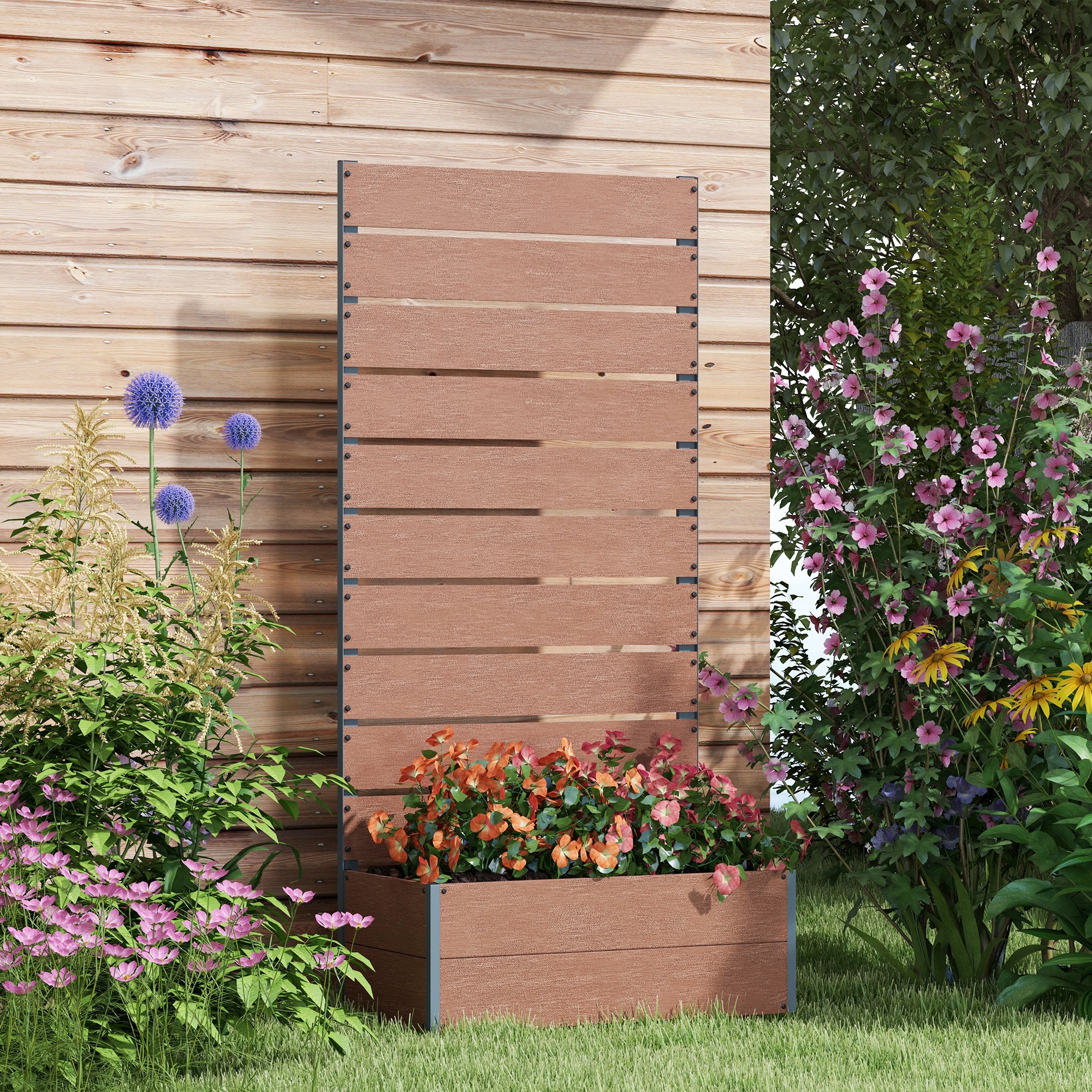 Outsunny Raised Garden Bed with Trellis, Freestanding Elevated Planter Box for Climbing Vines, 28" x 15" x 59", Light Brown Aosom Canada